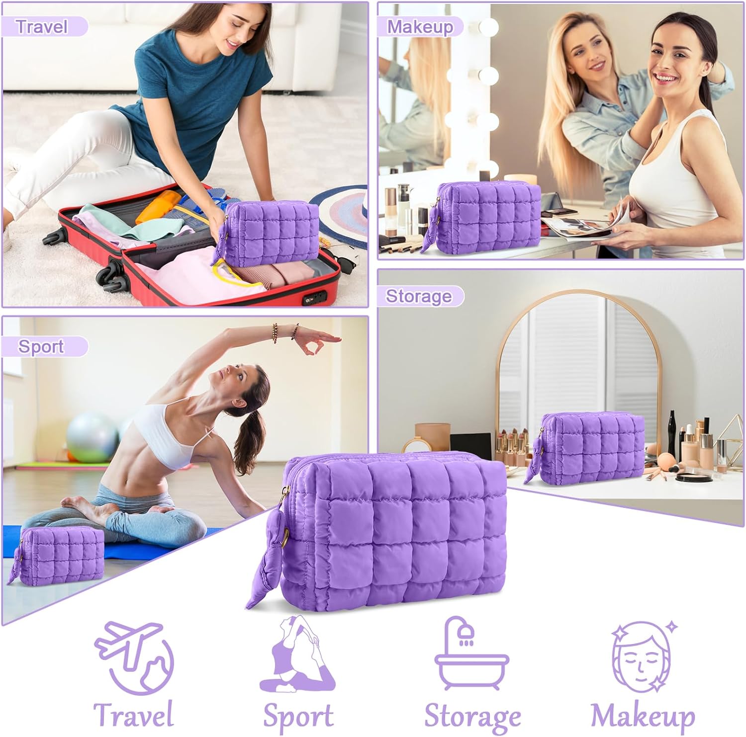 Puffer Quilted Makeup Bag Cosmetic Bags,Puffy Travel Toiletry Pouch for Women,Cute Checkered Zipper Bag Travel Essential,Portable Aesthetic Make up Organizer Bag for Gifts Work Daily(Purple,M) - Image 5