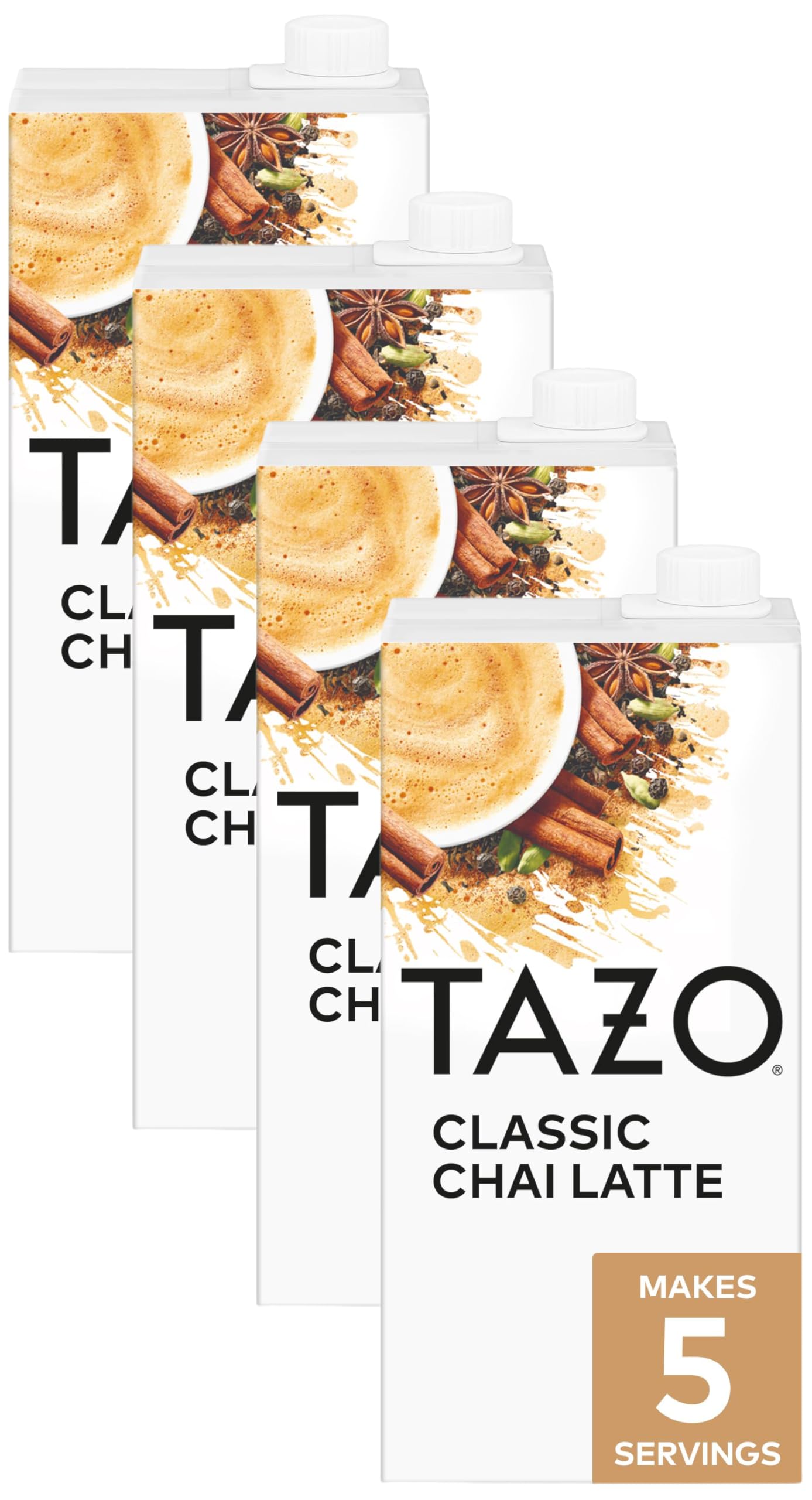 TAZO Classic Chai Latte, Black Tea Concentrate, Easy-to-Serve Caffeinated Chai Tea for Everyday Lattes, Mocktails and Hot or Iced, 32 oz Carton, (Pack of 4)