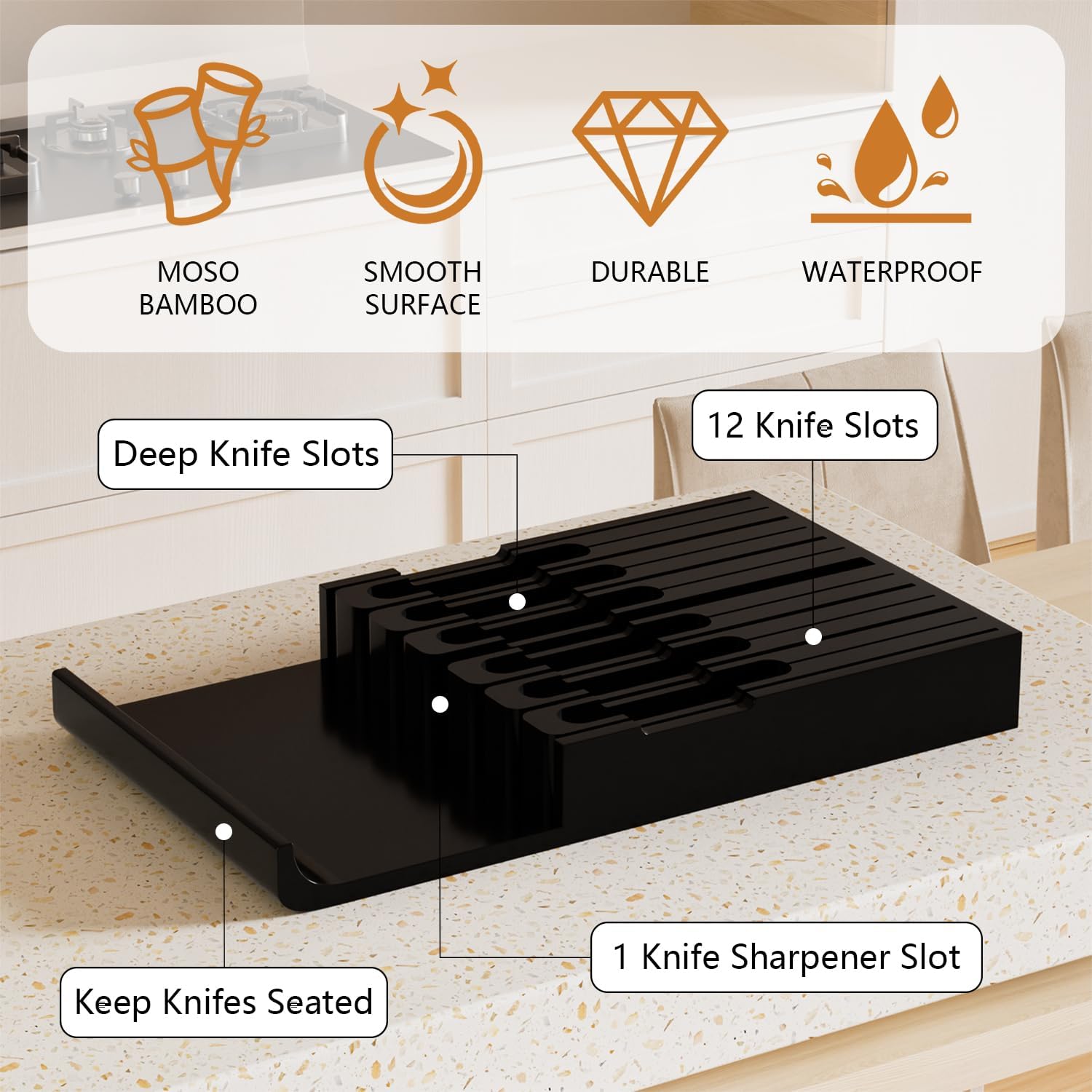 Domax Bamboo In-Drawer Knife Block - Kitchen Drawer Organizer Insert, Steak Knife Holder without Knives, Fits 12 Knives and 1 Sharpening Steel (Not Included), Black