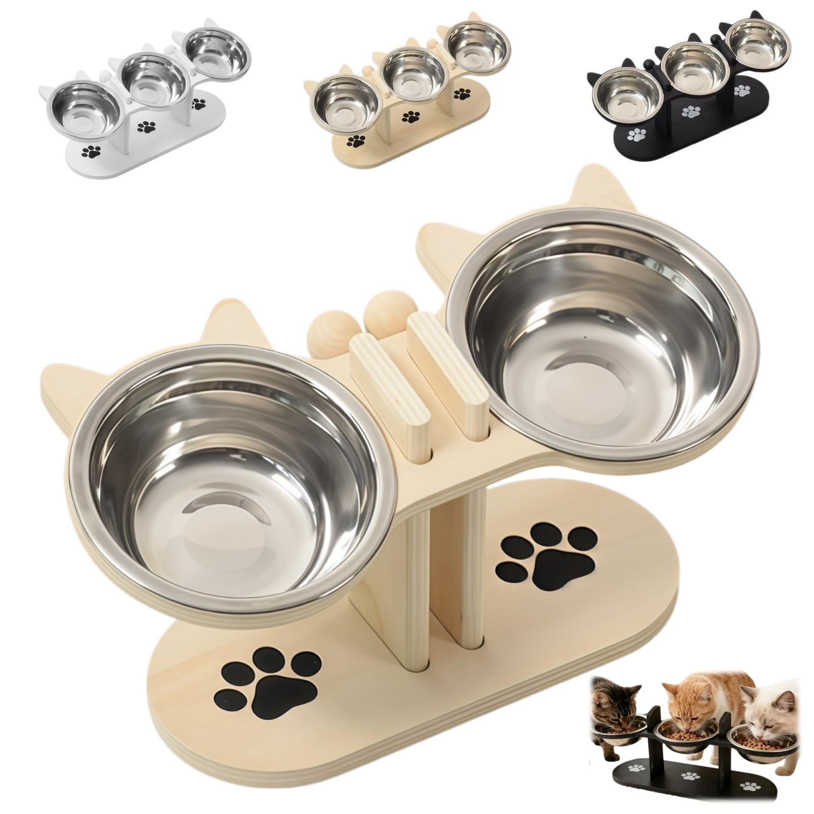 Anti-Slip Elevated 3-Bowl Pet Feeder, Elevated Feeding Station with Wooden Stand, Stainless Steel Cat Feeding Station, Cat Bowls with Stand Tilted for Food & Water (2Natural Wood)