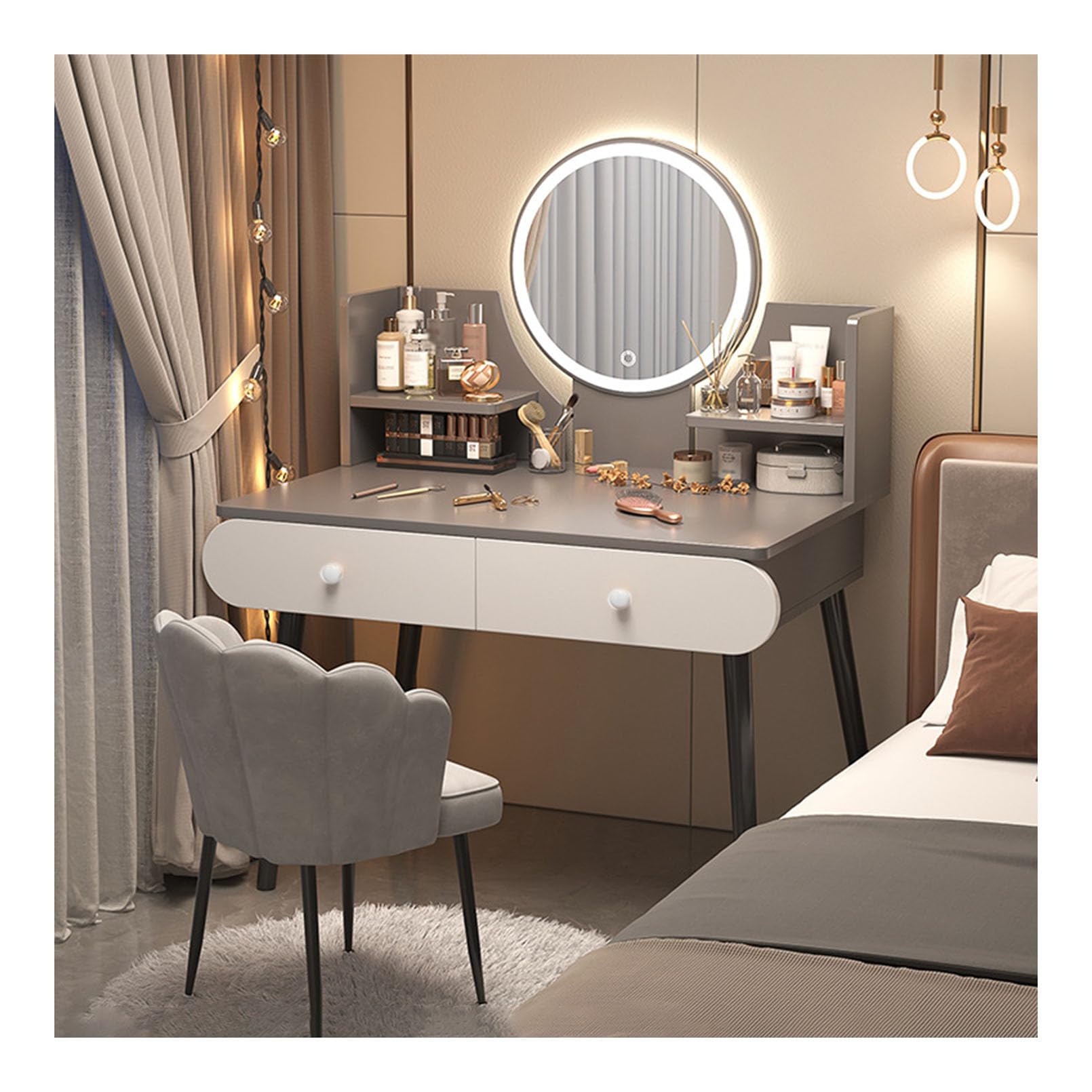 Tocador con espejo iluminado de 3 modos de color, mesa de maquillaje con cajones y estante