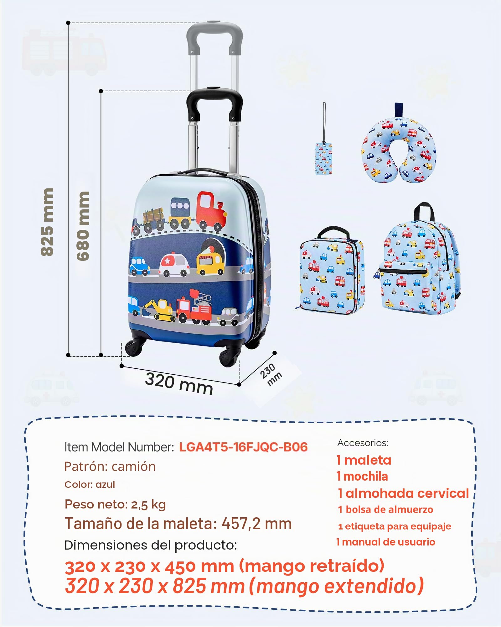 VEVOR Juego de Maletas para Niños 5 Piezas, Maleta de Cabina 45,7 cm, Mochila con Cojín Cervical, Bolsa para Comida y Etiqueta de Equipaje, Camión Azul, Equipajes Infantiles para Viaje Escuela Camping