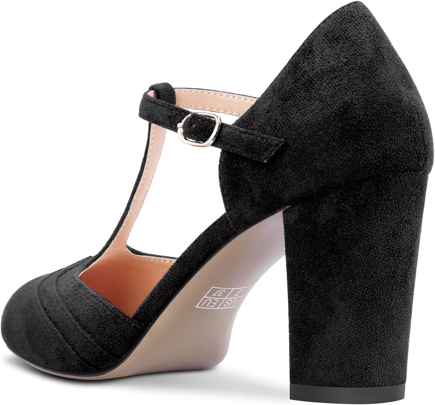 Castamere Women Chunky Block High Heel Round Toe Pumps T-Strap Buckle Wedding Office 3.3 Inches Heels