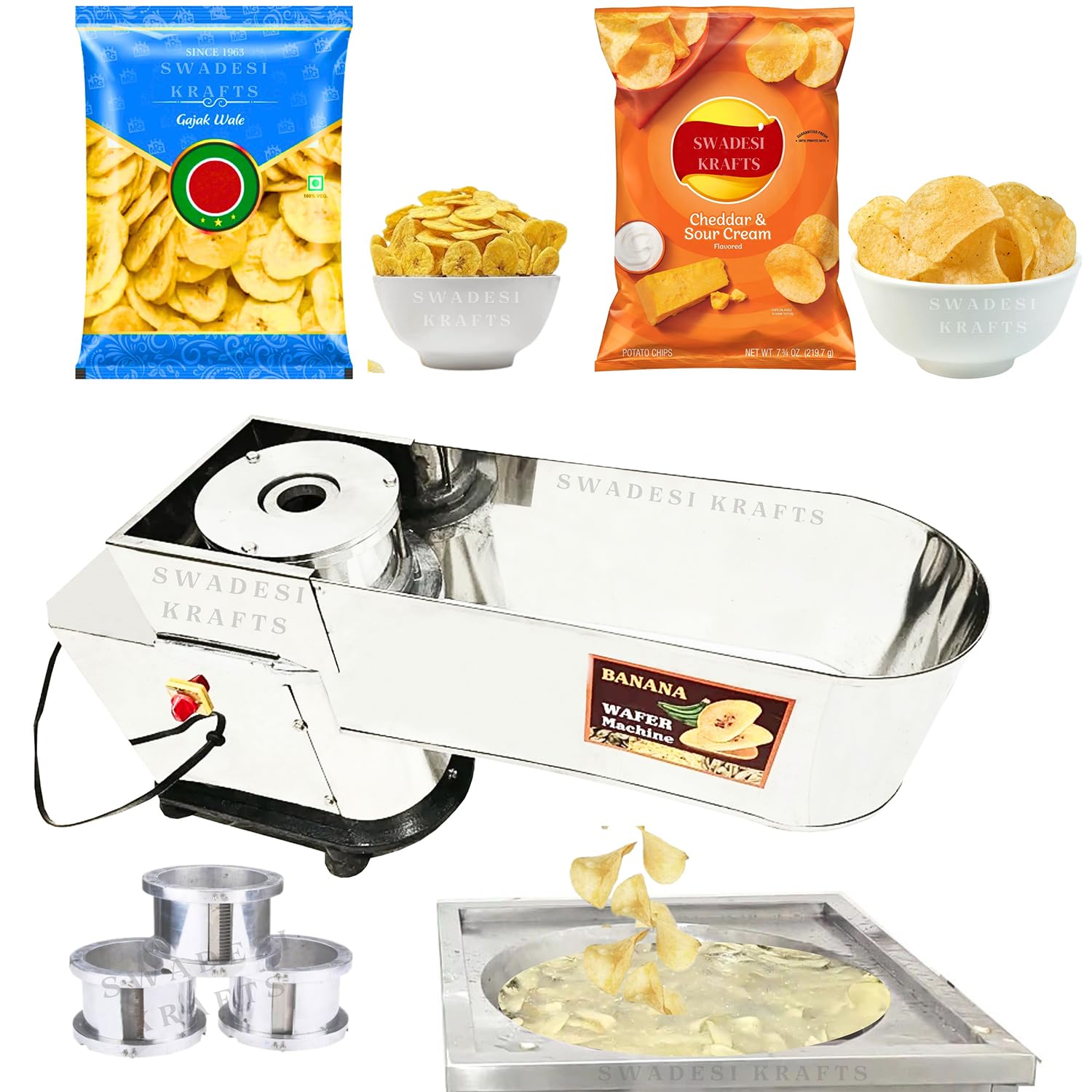 SWADESI KRAFTS 2in1 Extra Heavy 2 in 1 Banana & Potato Slicer Machine for Chips | Stainless Steel Banana Chips Cutter Machine Electric Comes with 1HP Motor & 5 Die (Round, Oval, & Long patta) A5-image-29