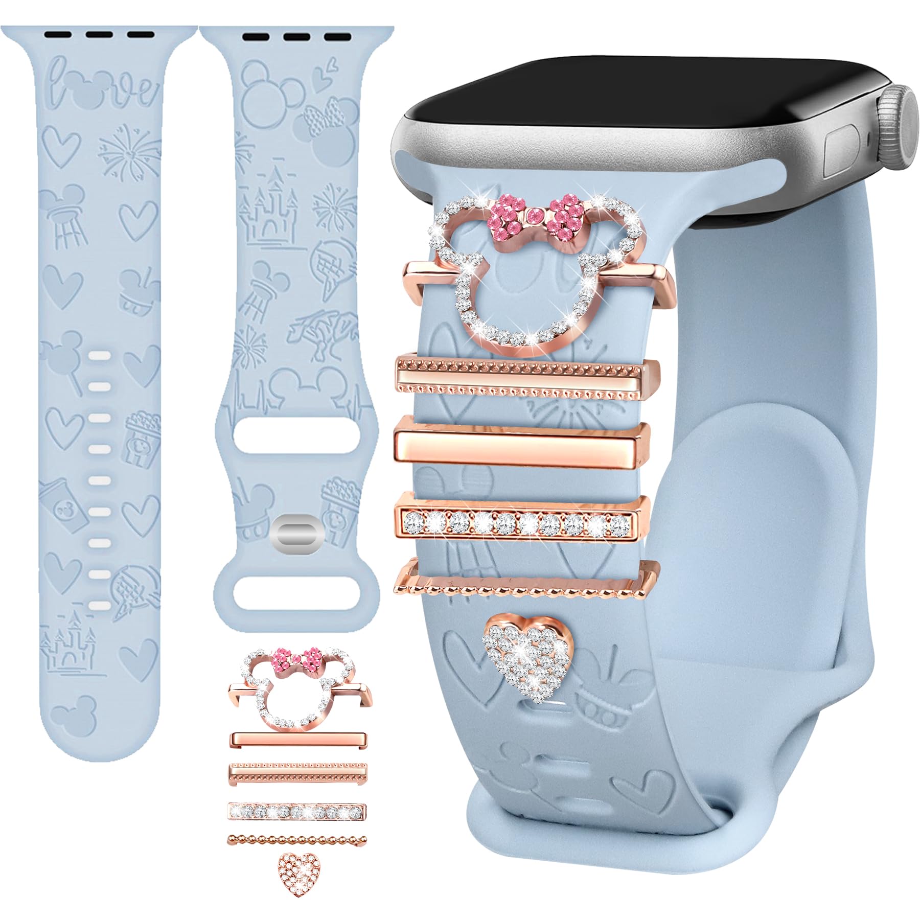 JR.DMFloral Engraved Band Compatible with Apple Watch Band 40mm 41mm 38mm Women, Soft Silicone Dressy Straps & Decorative Apple Watch Charms for iWatch Series 9 8 7 6 5 4 3 2 1 SE (With Band)