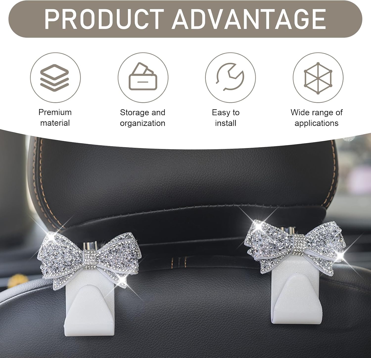 2 PCS Bling Car Seat Headrest Hooks, S Type Crystal Rhinestone Bow Vehicle Seat Back Storage Hooks for Purses Bags Groceries, Universal Diamond Car Rear Seat Organizer (White) image 3