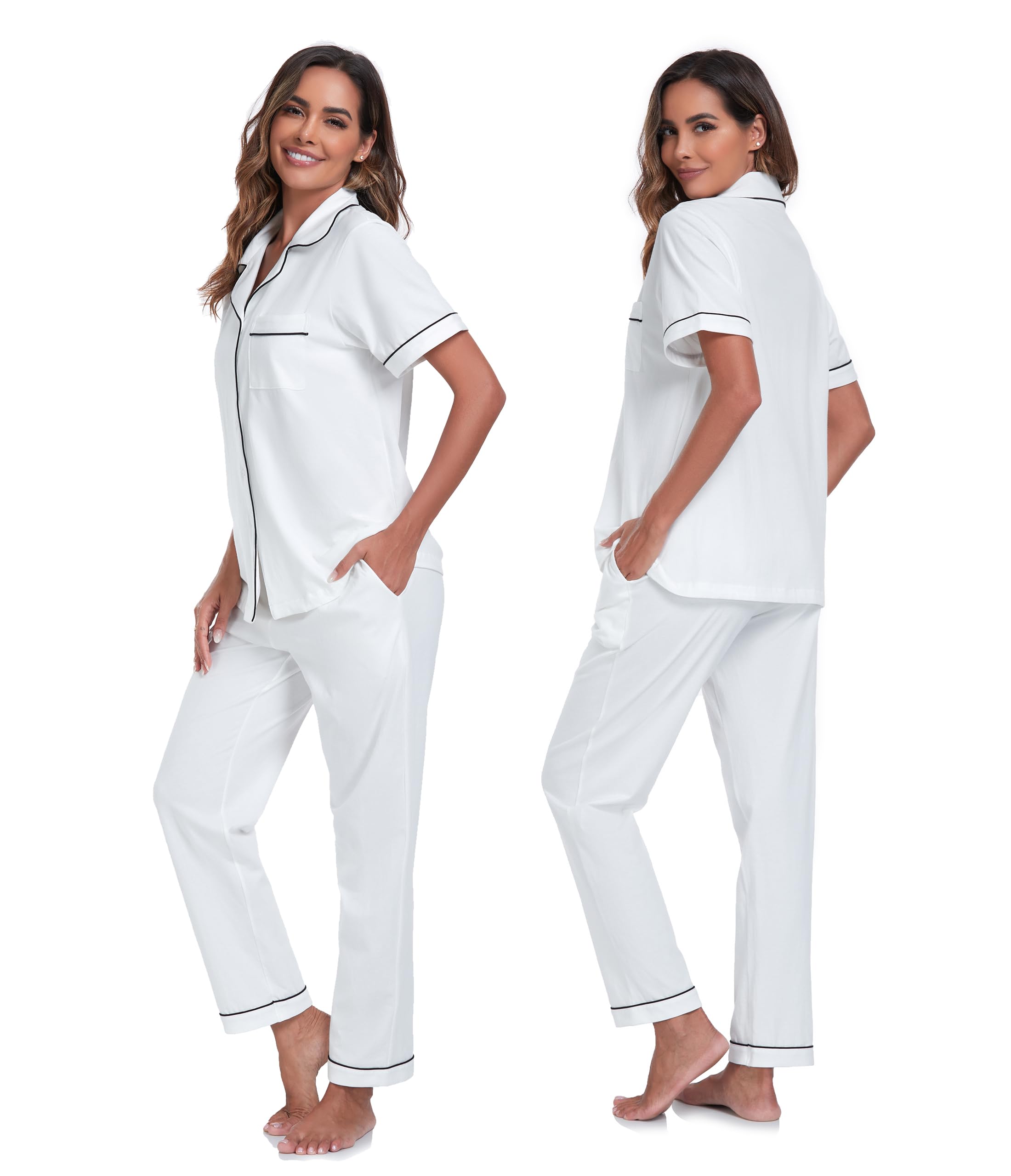 COLORFULLEAF Pyjama 100 % coton pour femme avec boutonnière - Ensemble pyjama deux pièces à manches courtes - Pantalon long pour la maison