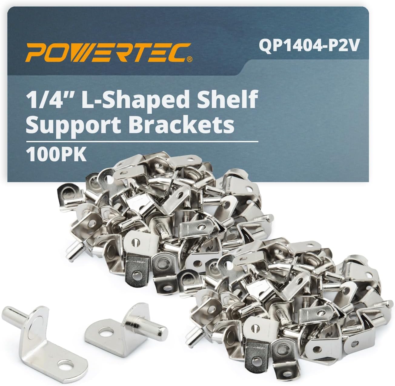 POWERTEC QP1404-P2V 1/4 Inch Shelf Pegs 100pk, L-Shaped Bracket with Hole Shelf Pins Support Pegs for Shelves, Kitchen Cabinet Shelf, Bookshelf, Closet and Furniture, Nickel Plated Shelf Holders Pegs