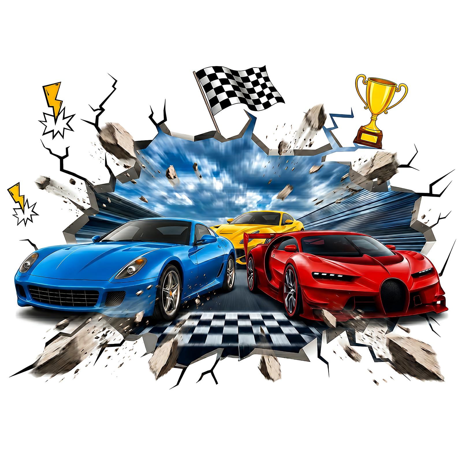 SITAKEGS 3D Racing Cars Wall Stickers Car Trophies Flags Decals Art