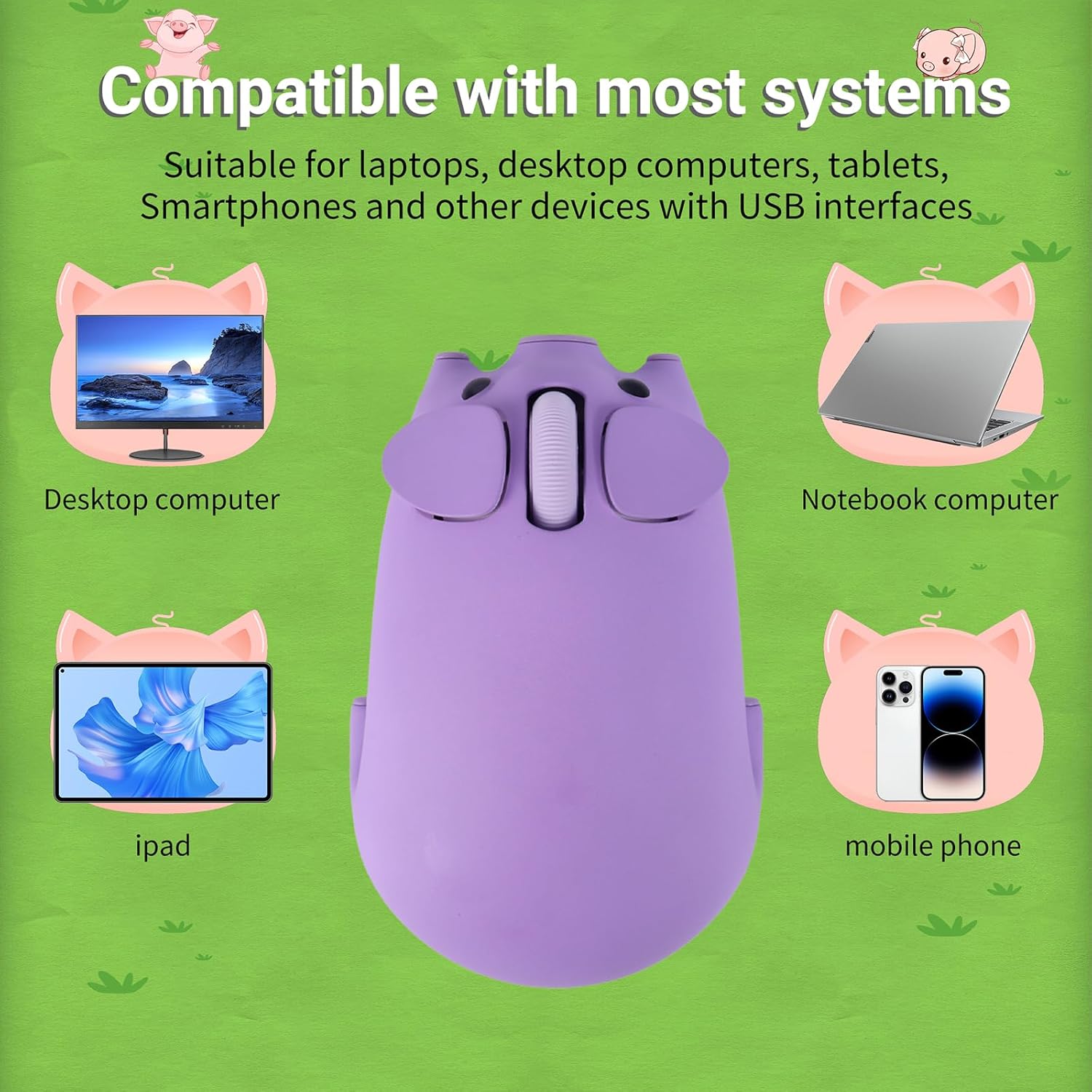 Cute Pig Design Wireless Mouse - Dual Mode Bluetooth & USB, Silent Operation, Ergonomic, Ideal for Laptops & PCs, for Animal Lovers and Family (Purple)