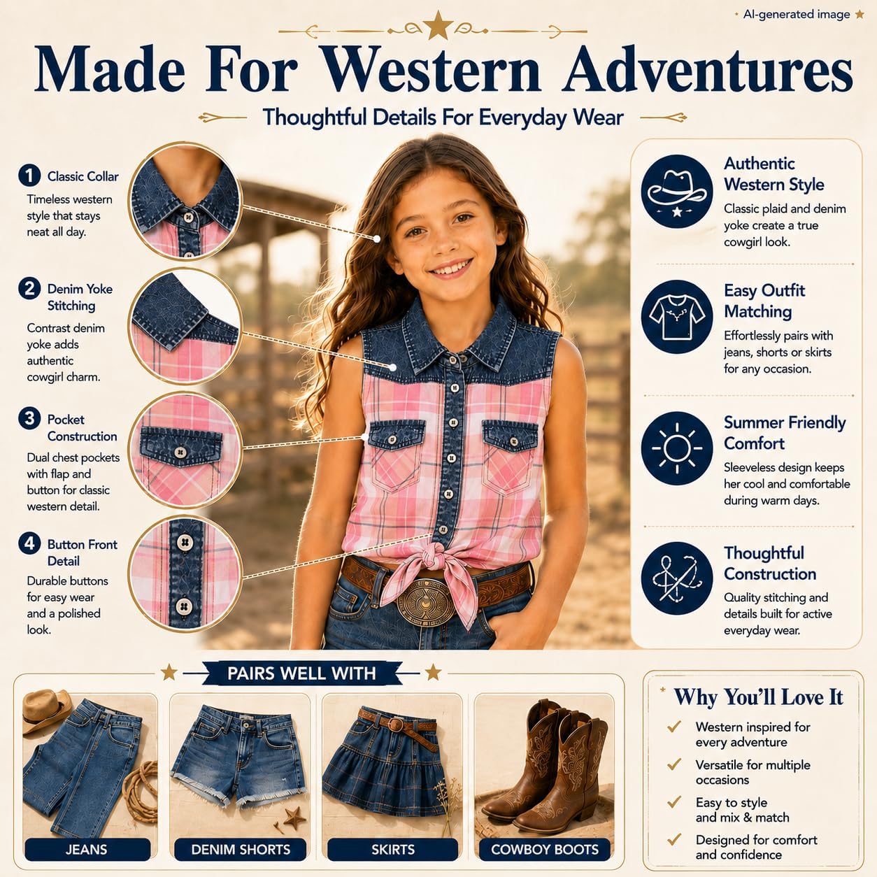 Bienzoe Western Plaid Girls Shirt: Sleeveless Button Down