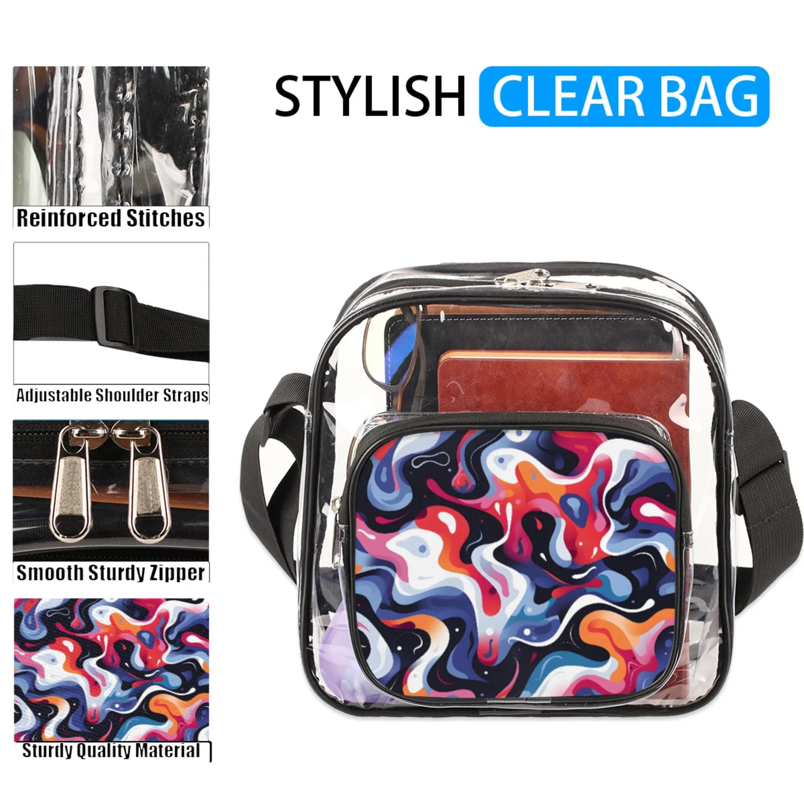 Clear Crossbody Bag Stadium Approved Fluid Geometrical Transparent Bag for Festivals, Sports Events, Concerts,Beach Bag for Women Men Clear Purse with Front Pocket Messenger Bag with Adjustable Strap