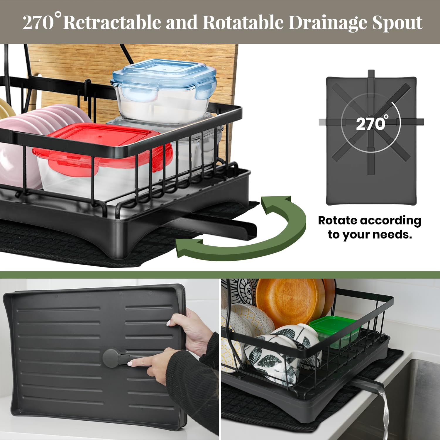 DINEST 2 Tier Dish Drying Rack with Drainboard – Rust Resistant Iron Kitchen Dish Rack with 270° Rotating Spout, Utensil & Plate Holders – Compact Drying Rack for Kitchen Counter - Black