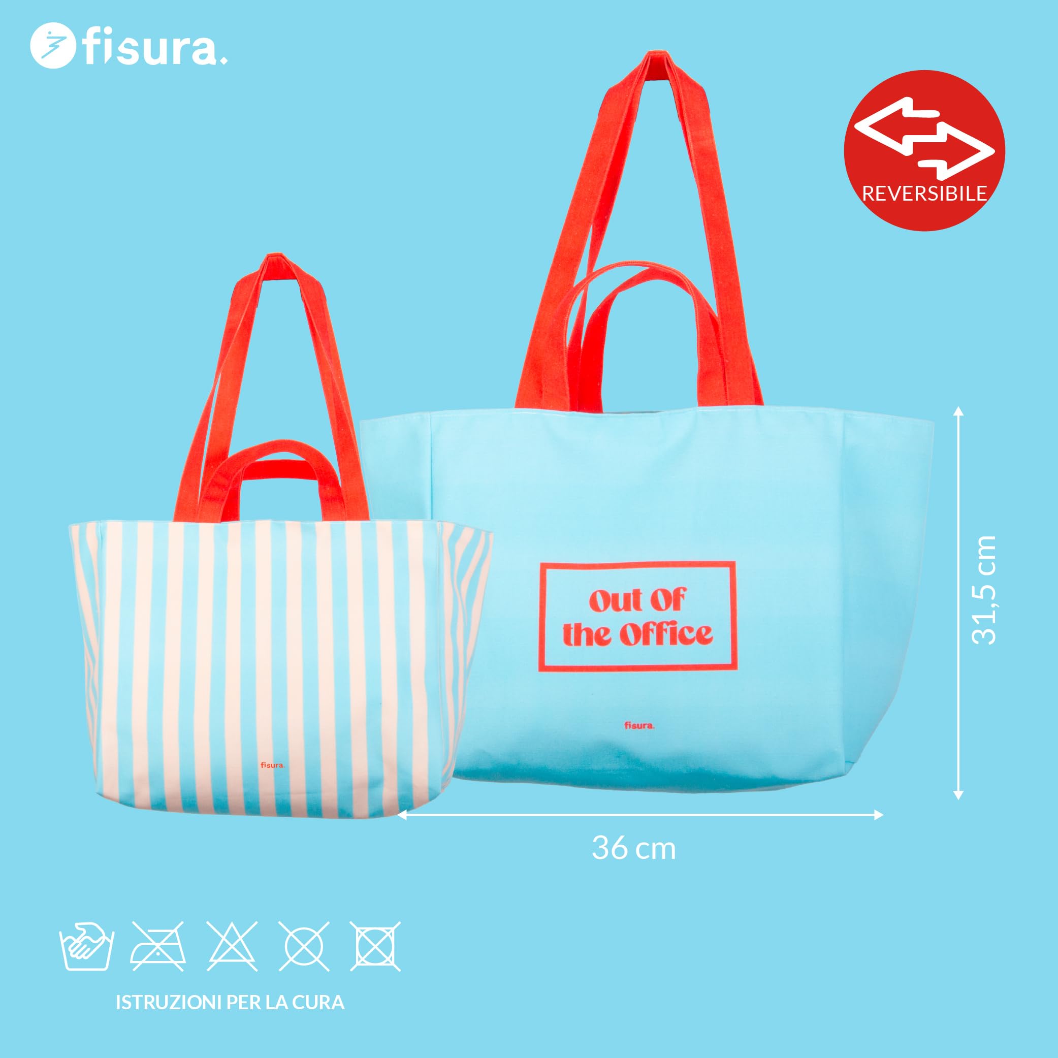 Fisura – Borsa mare “Out of the office”, tote bag donna XXL in cotone reversibile a righe blu, shopper grande per spiaggia, viaggio o spesa, 36 x 31,5 cm