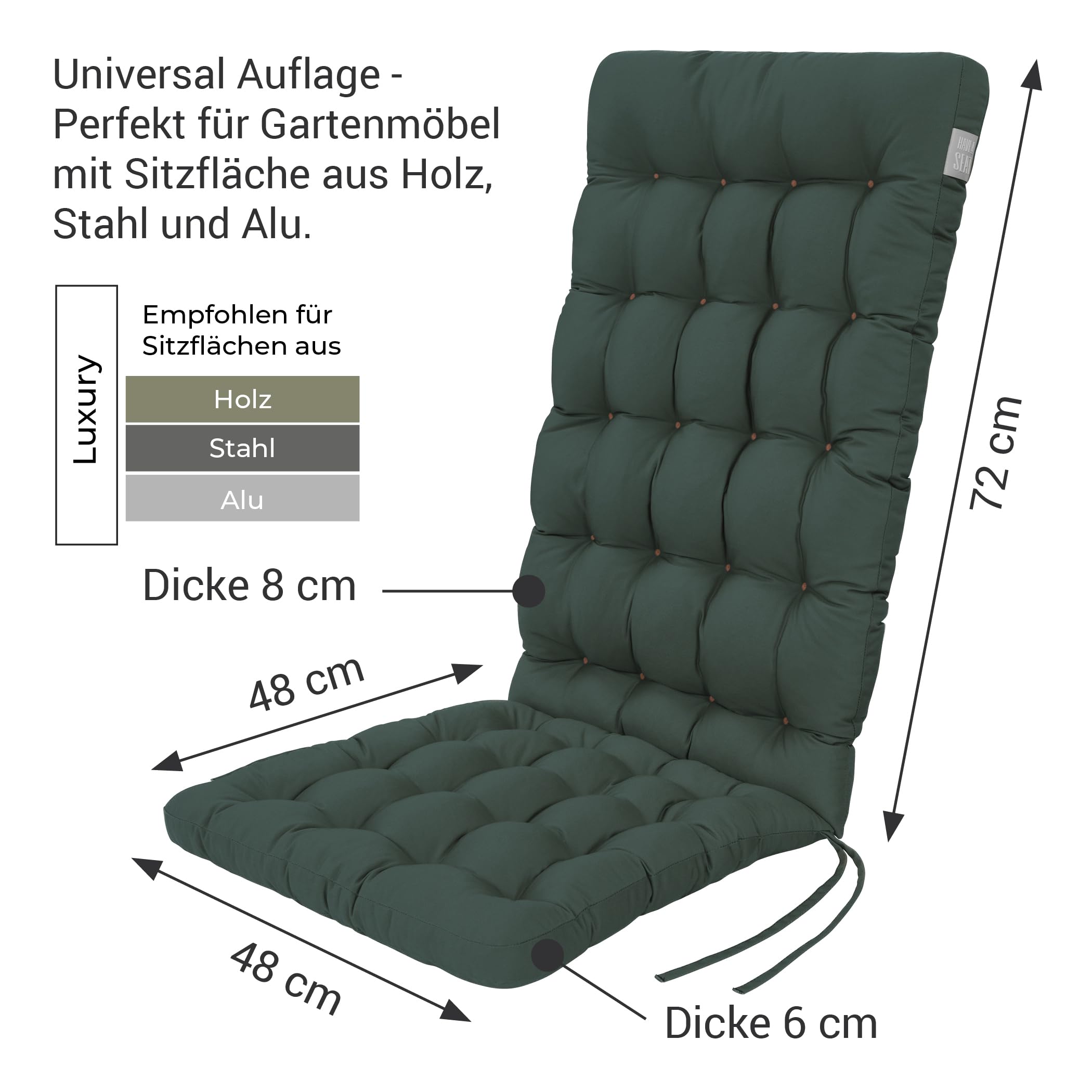 Hochlehner Auflage (1 St.) - Sitzpolster Gartenstuhl - Bequem, Wetterfest, Waschbar bis 95°C, Orthopädisch - Made in Germany (1 Stück - 120x48 cm, Moosgrün)
