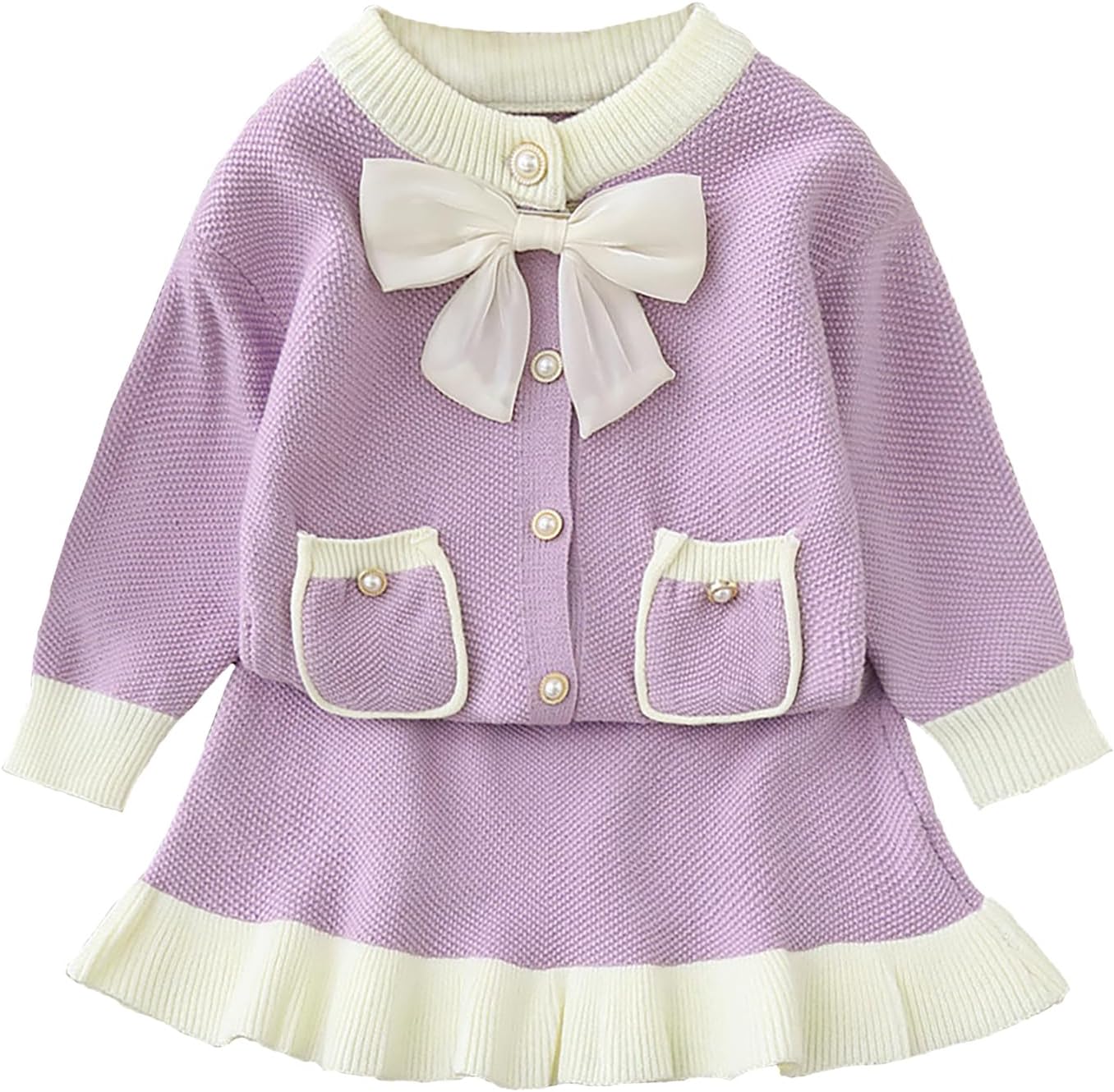 Toddler Girls Sweater Skirt Set Bow-knot Cardigan Sweater Winter Coat Set Size 2-7 Years