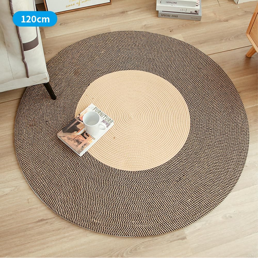 YZZY Cotton Rope Braided Rug, Indoor/Outdoor 47 Inches Round Reversible Area Rug Black Khaki Rings Carpet Home Decor