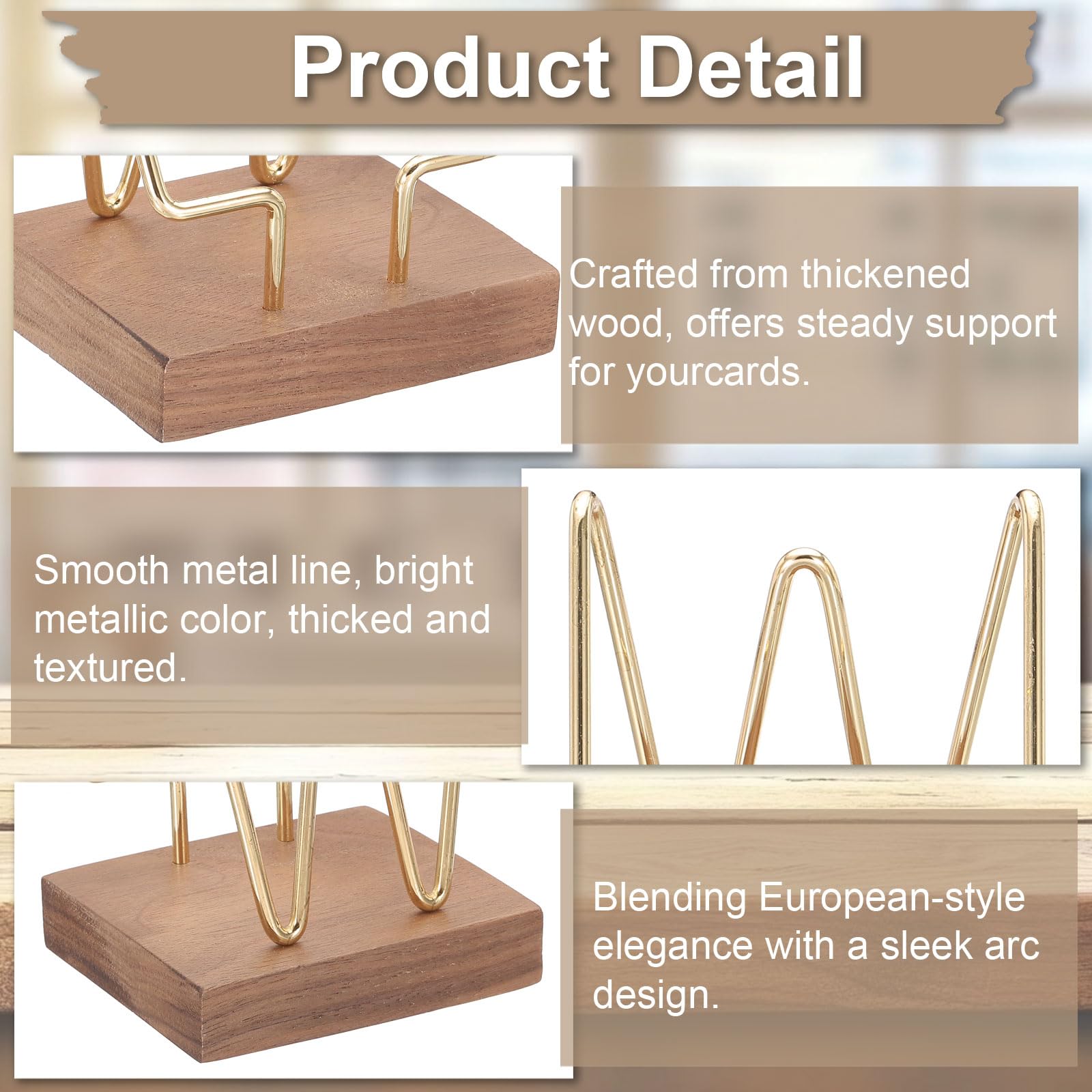 PATIKIL Vertical Business Card Holder for Desk, 2 Pcs Wood Desktop Business Card Holder Wooden Name Card Display Stand Organizer for Office Home Exhibition, Walnut Color, Gold - Image 3
