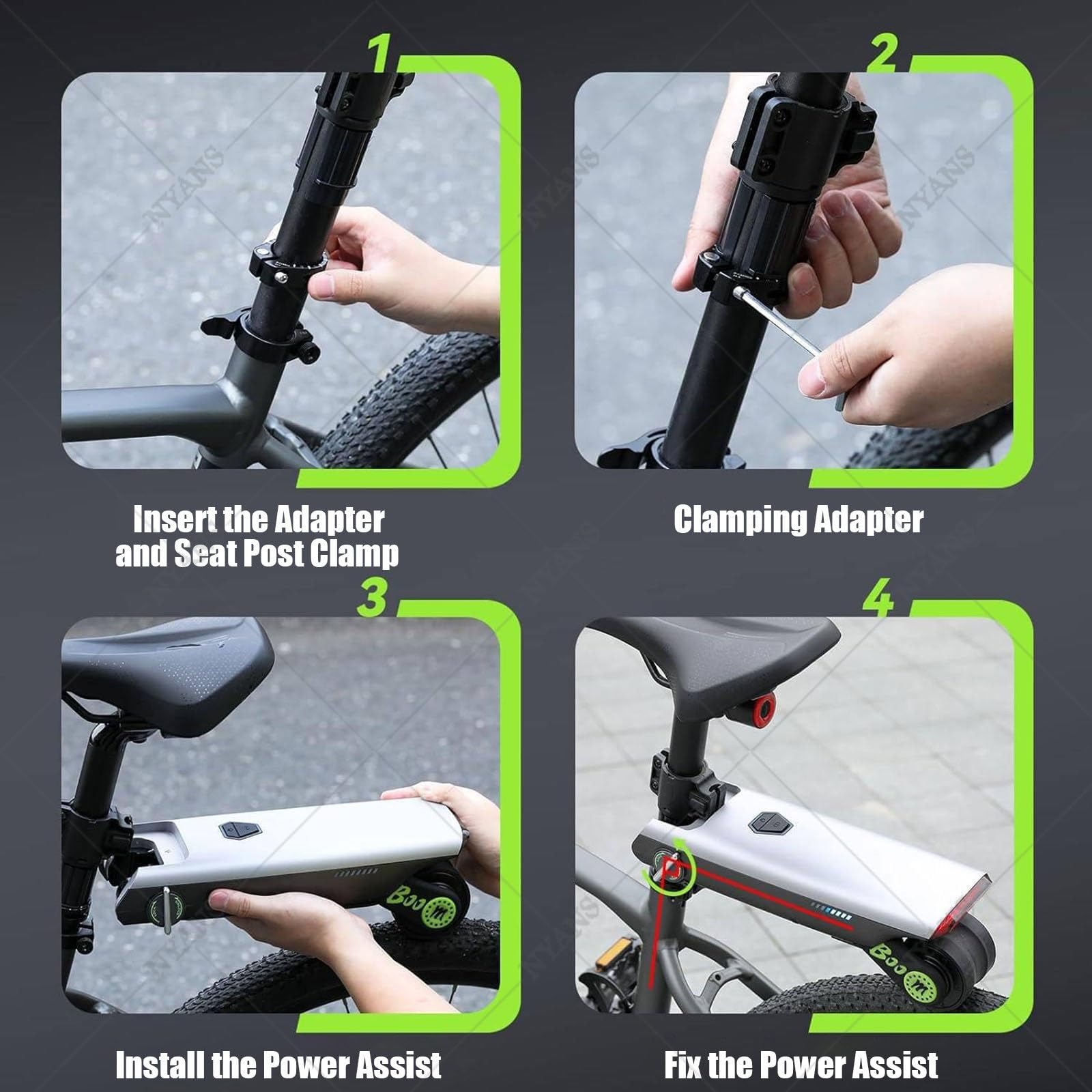 NYANS Motor Auxiliar Eléctrico para Bicicletas,4 Modos De Asistencia y 50km De Autonomía; para Bicicletas De Montaña (1,5/1,75/1,95/2,15 Pulgadas) y De Carretera (25C/28C/35C/38C) Green