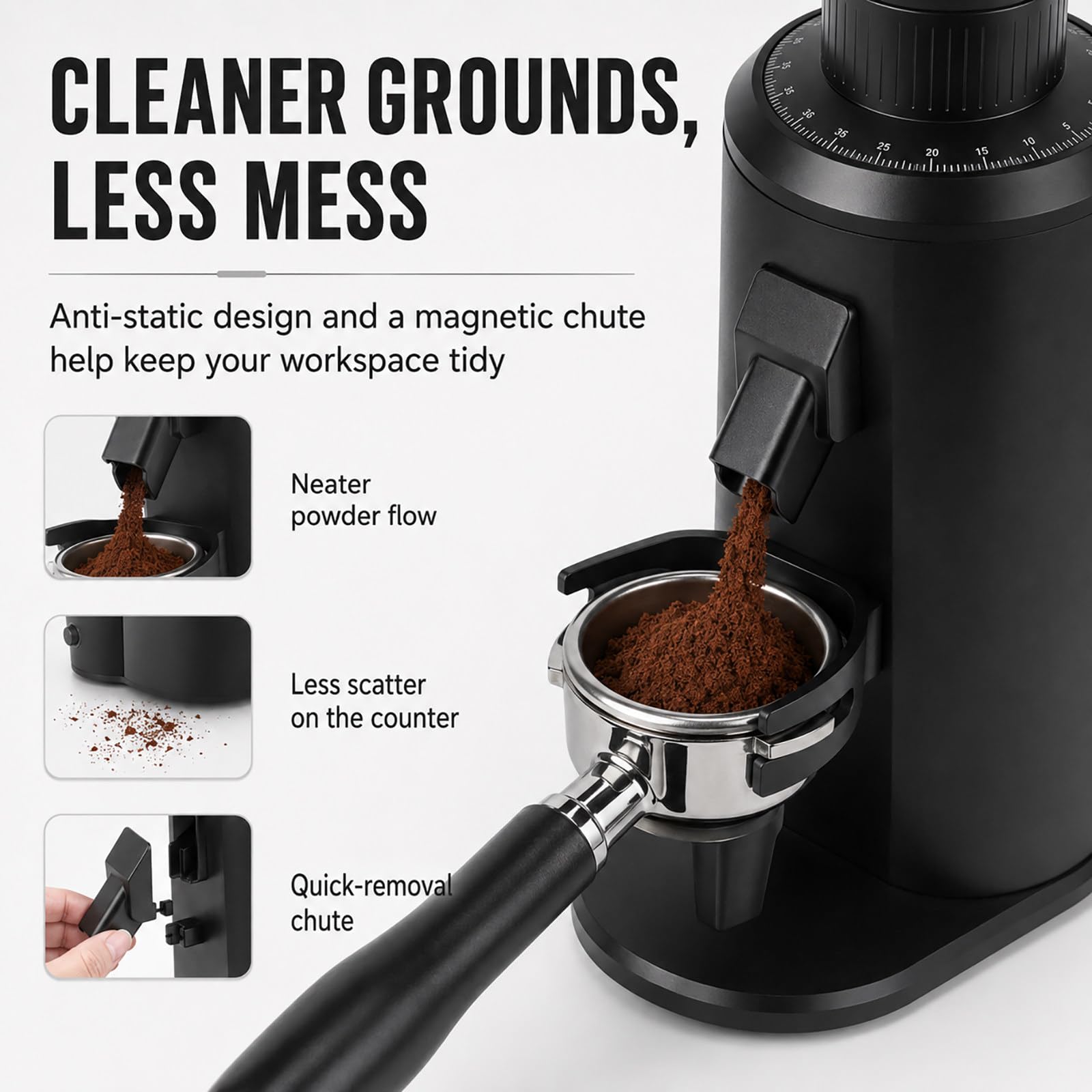 Młynek do espresso – płaski młynek do kawy 80 mm z ustawieniami mielenia 0-100, zbiornik na fasolę 70 g, regulowane obroty na minutę i widelec portafiltrowy