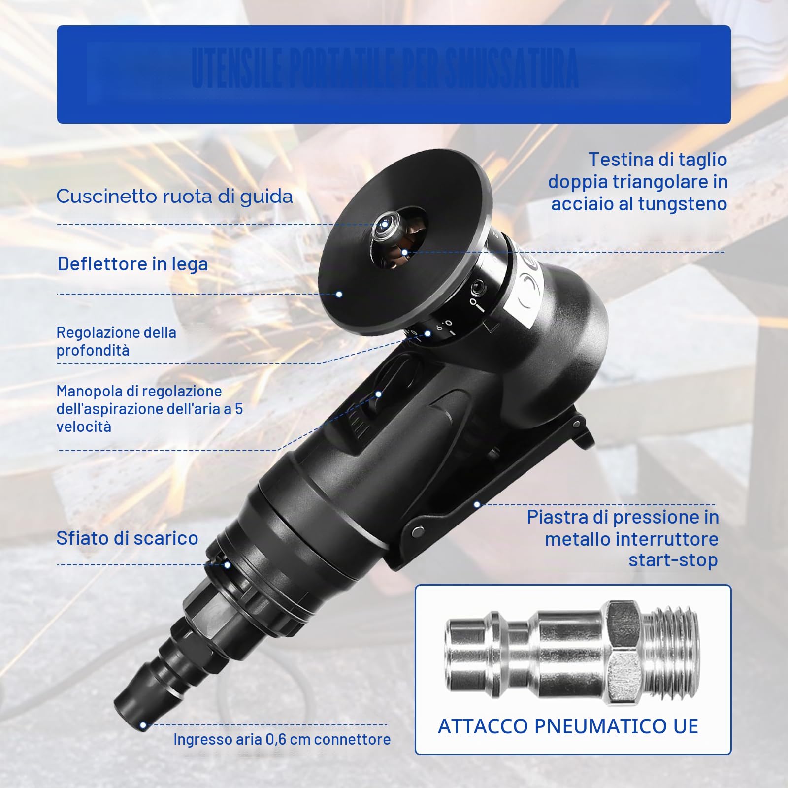 Set di smussatori pneumatici 2-in-1 a 45° con lama e cuscinetti, strumenti manuali di levigatura per angoli curvi, ingresso aria da 1/4 di pollice per smussatura di metallo, levigatura del