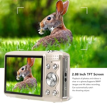 Digital Camera, 2.88 Inch Screen 58MP 4K HD Portable Camera, 16X Zoom Auto Focus Timed Photography Digital Video Camera for Adults, Students (Gold)