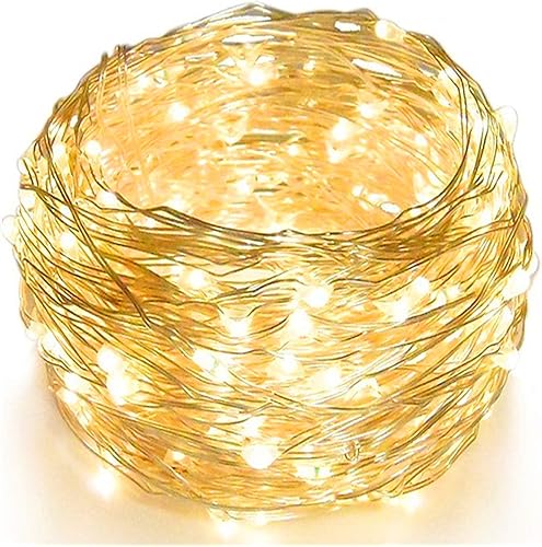 Twinkle Star - Tira de luces de 33 pies con 100 LED y con cable plateado, funciona con pilas, decoración para las fiestas, Navidad, bodas o para el