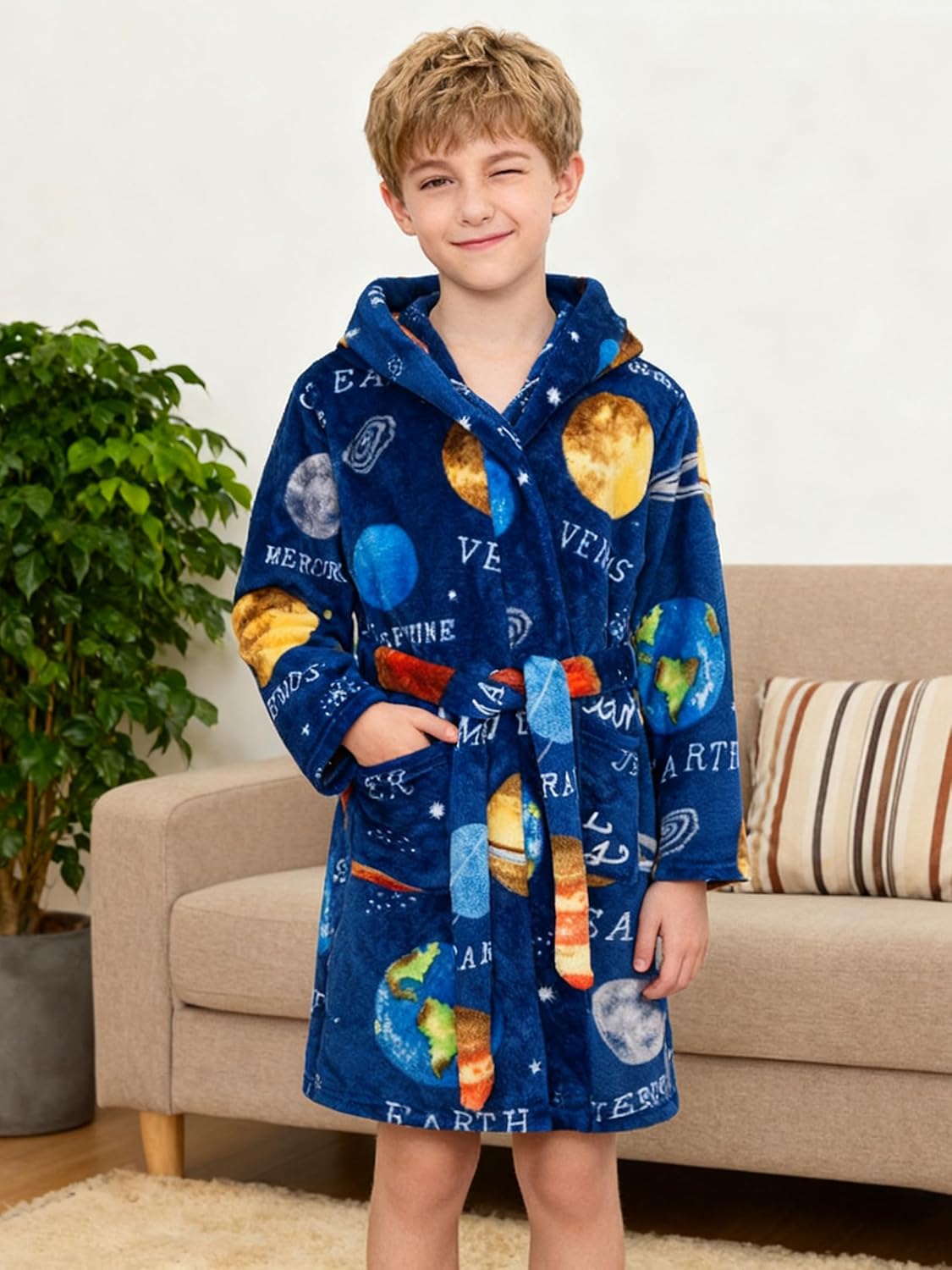 Boys Girls Robe Fleece Soft Hooded Kids Bathrobes Toddler Cute Plush Robes for Kids, 4-12 Years - Image 5