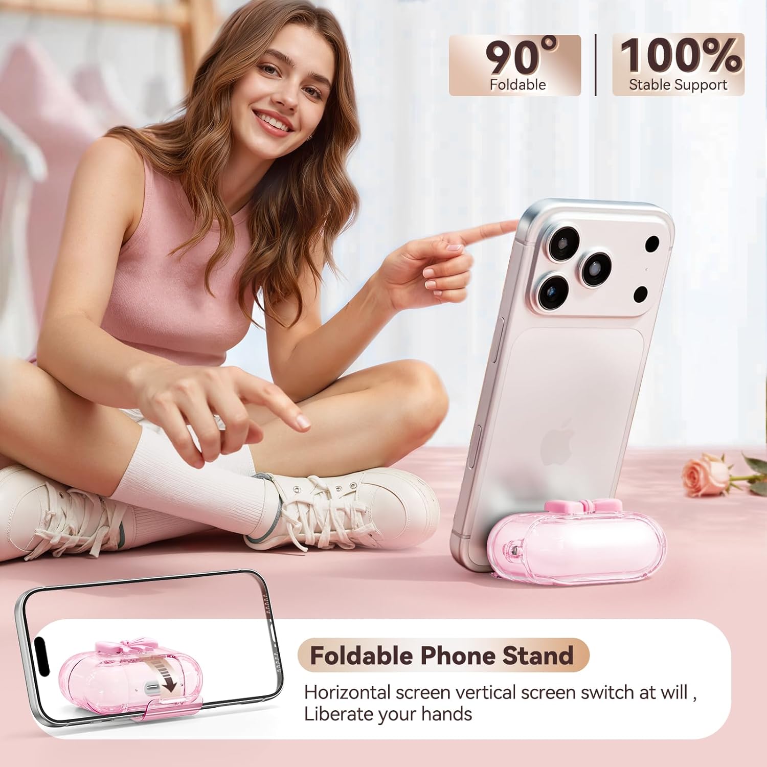 for AirPods Pro 3 Case 2025, with Safety Lock & Phone Stand for AirPods Pro 3 Generation Case Cover for Women Girly with Chain,Clear Pink