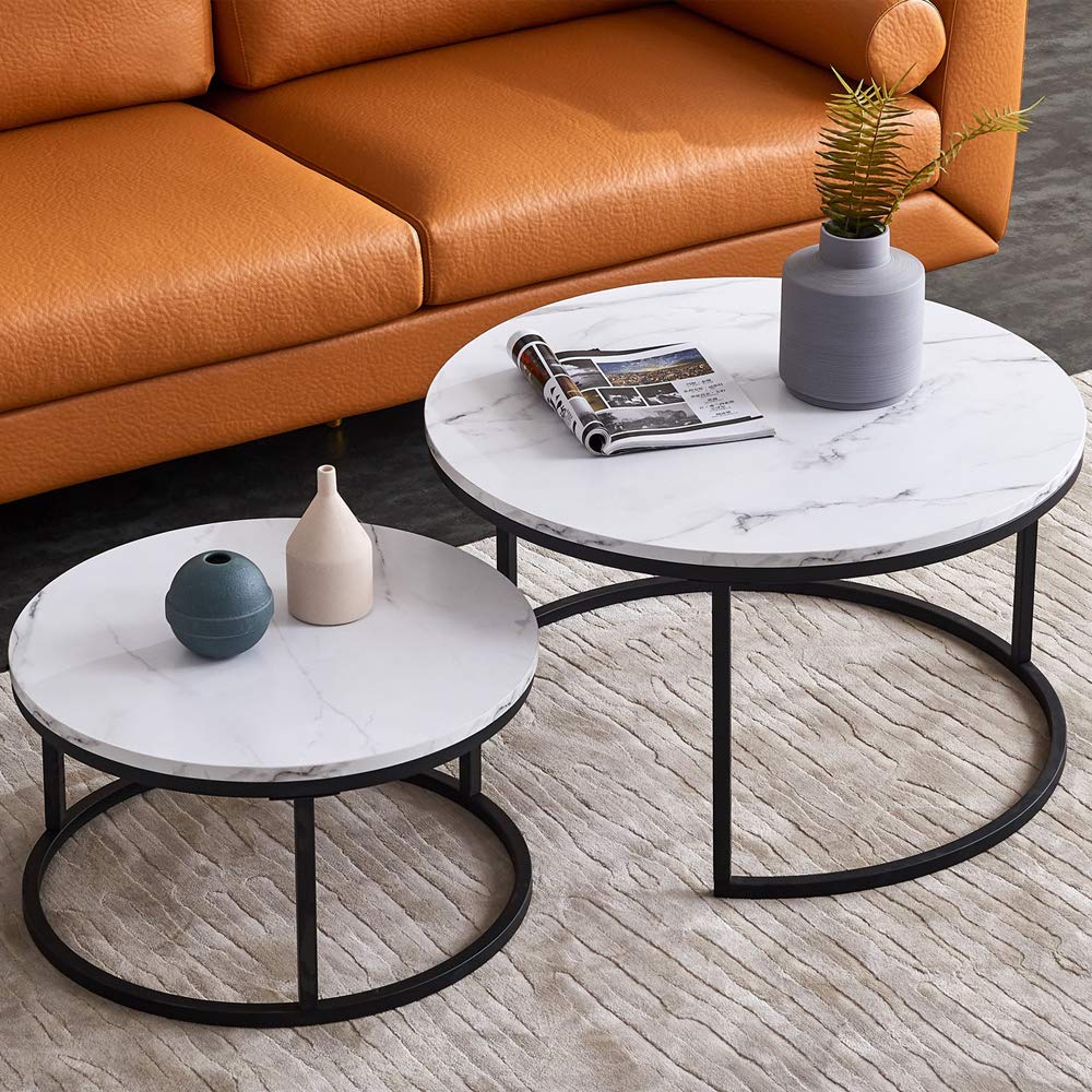 Jeerbly Modern Decor Nesting Table,Side Table,Small Coffee Table for Livingroom,Black Metal Frame, Marble Color Top,32 Inch Round End Table