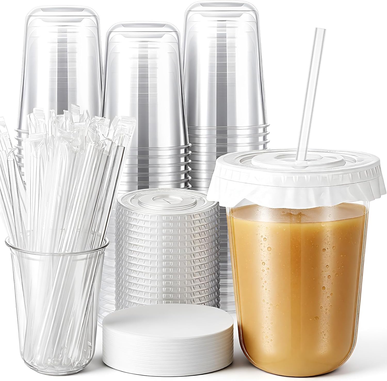 50 Sets Clear Plastic Cups with Lids, Straws, and Paper Cap Liners, Disposable Iced Coffee Cups Drinking Cup for Cold Drinks, Juice, Smoothie, Coffee Shops, Party, Christmas (16oz,Clear)