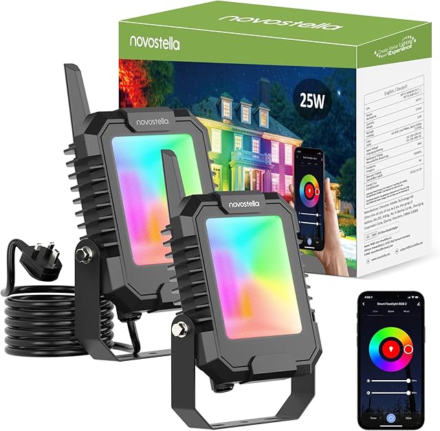 NOVOSTELLA 25W LED RGB Flood Lights Outdoor 2 Pack, Bluetooth App Control Colour Changing Uplighting, Music Sync, Group Control up to 128 Floodlights, IP66 Waterproof for Stage Garden Party Halloween