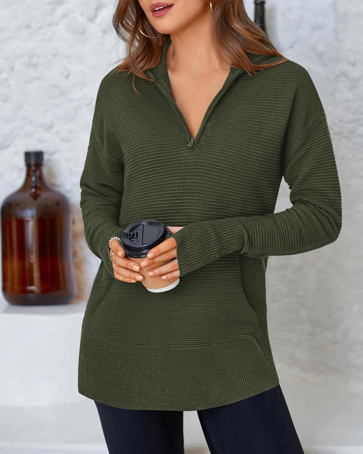 BTFBM Sweaters for Women Fall Clothes 2026 Pocket Quarter Zip Pullover V Neck Long Sleeve Knit Trendy Winter Sweater - Image 3
