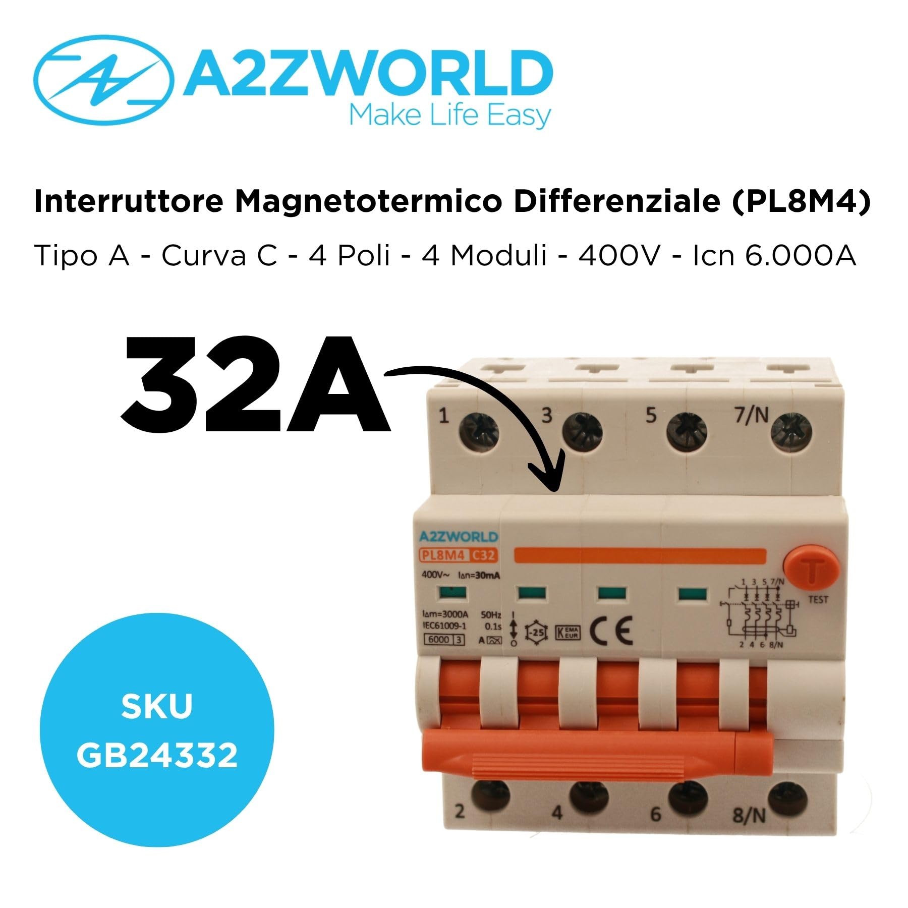 Leitungsschutzschalter, magnetisch, dreiphasig, 380 V, Typ A 32 A, C32, 4P Real (NO 3P+N), Kurve C 6 kA 30 mA, Doppelhebel mit visueller Diagnose, 4 DIN-Module, Serie PL8M4