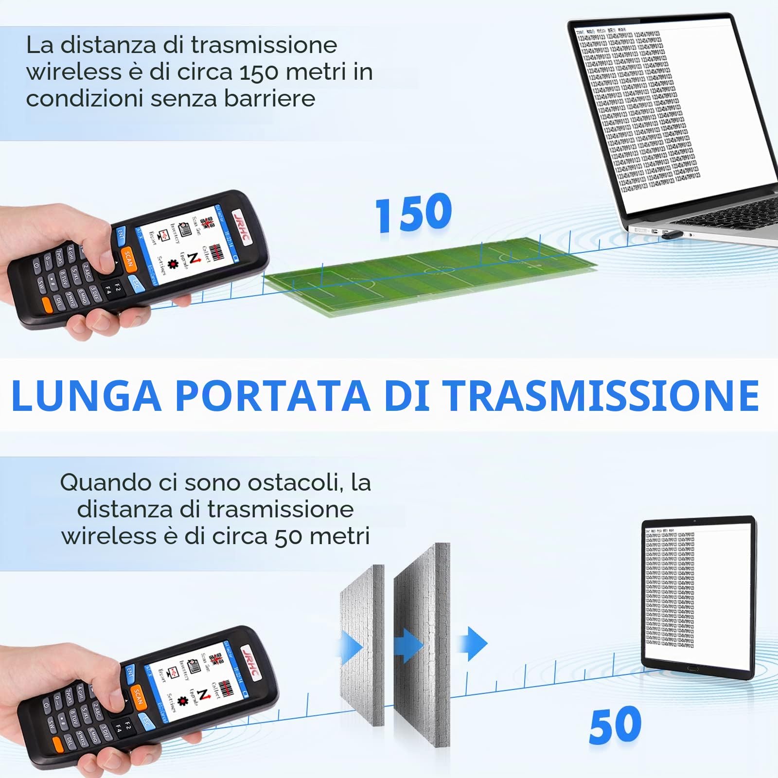 Lettore di codici a barre 1D da collezione con ricevitore USB wireless da 2,4 GHz, lunga distanza di trasmissione, schermo LCD multifunzione da 2,8 pollici, lettore di codici a barre