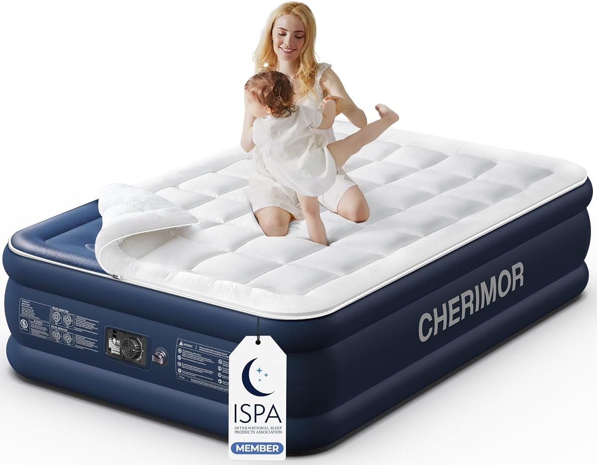 Queen Air Mattress with Built-in Pump 20" & Luxury Quilted Topper | Washable & Detachable Topper, 20" Raised, 800 LBS Support, 4.5-Min Fast Inflation, Blow Up Mattress for Home Guest Camping