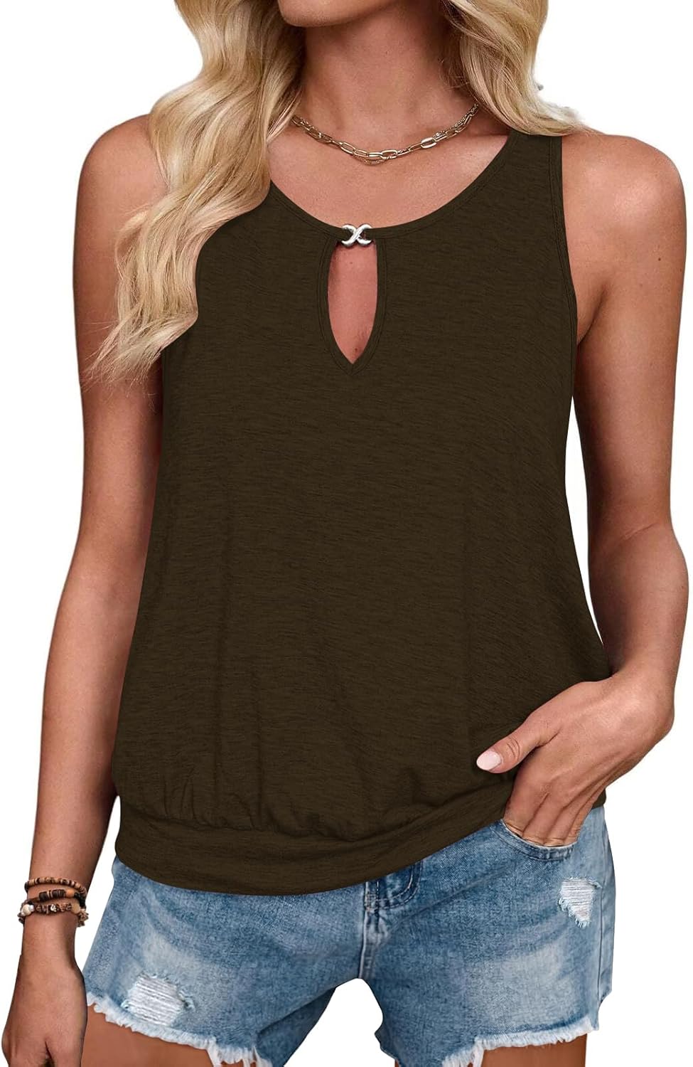 Summer Tank Tops for Women 2025 Metal Buckle Round Neck Sleeveless Fashion Loose Cute Tops Henley Shirts for Women's (XX-Large Brown) Thumbnail