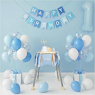 First Birthday Decorations for Boy - Complete Party Set with High Chair Banner, Number 1 Balloon, One Cake Topper, Crown, Balloons & Birthday Banner(Blue)