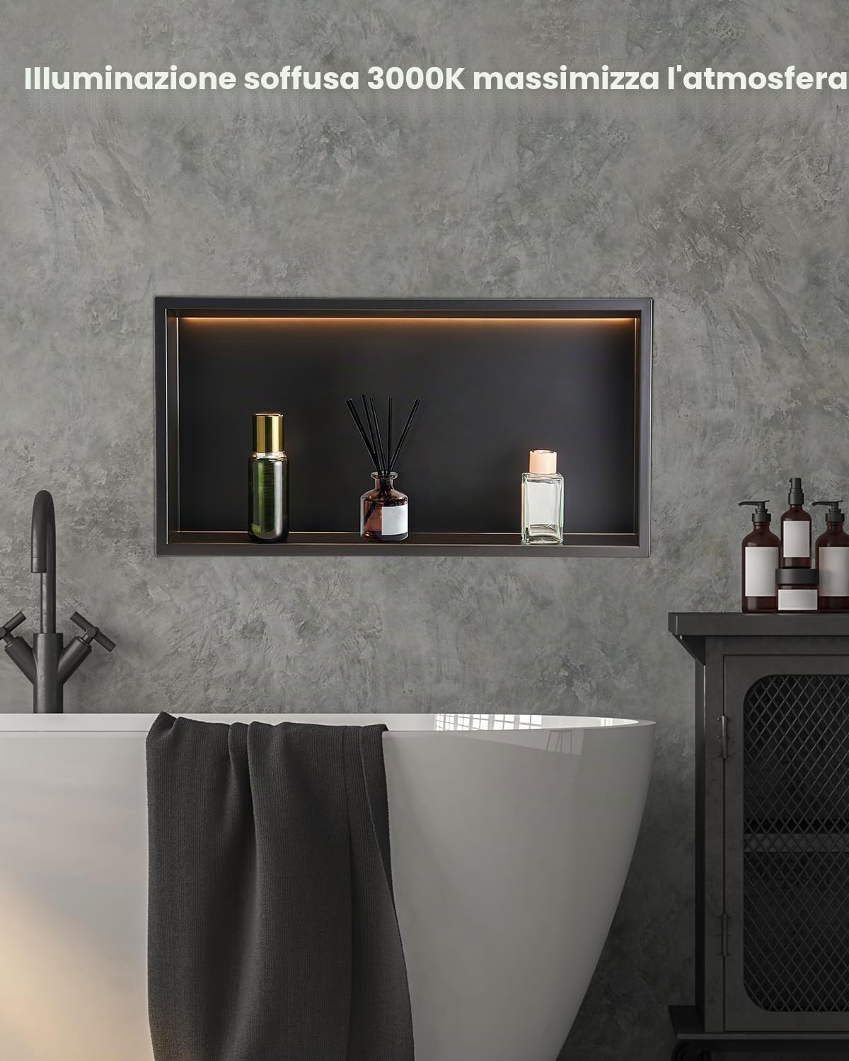 VEVOR Nicchia per Doccia, 33,0 x 63,5 x 10,2 cm, Nicchia in Acciaio Inossidabile da Incasso a Parete con Striscia LED, Porta Sapone e Shampoo, Sigillato Impermeabile, Singolo Strato, Nero