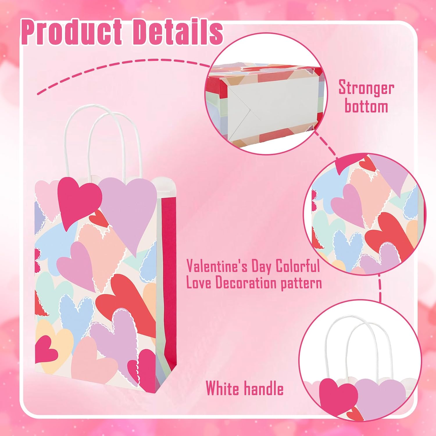 JarThenaAMCS Valentine's Day Paper Bags Scalloped Gift Bag with Handle Colorful Hearts Candy Goodie Treat Bags for Wedding Birthday Baby Shower Party Favor Supplies, 16Pcs - Image 3