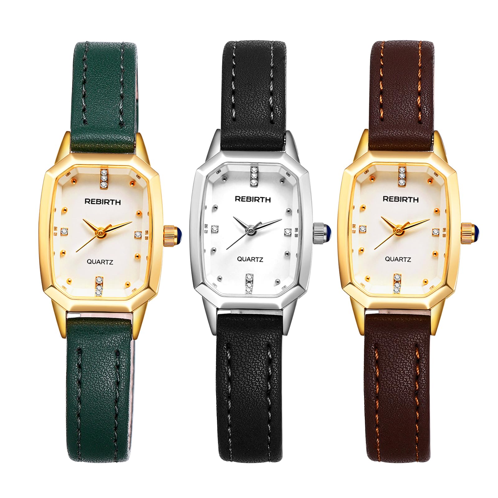 JewelryWe Zegarek damski, mały, prostokątny, 3 sztuki, minimalistyczny, analogowy, kwarcowy, wąski, skórzany pasek, ultracienki, luźny zegarek z kwadratową skalą diamentową, wielokolorowa