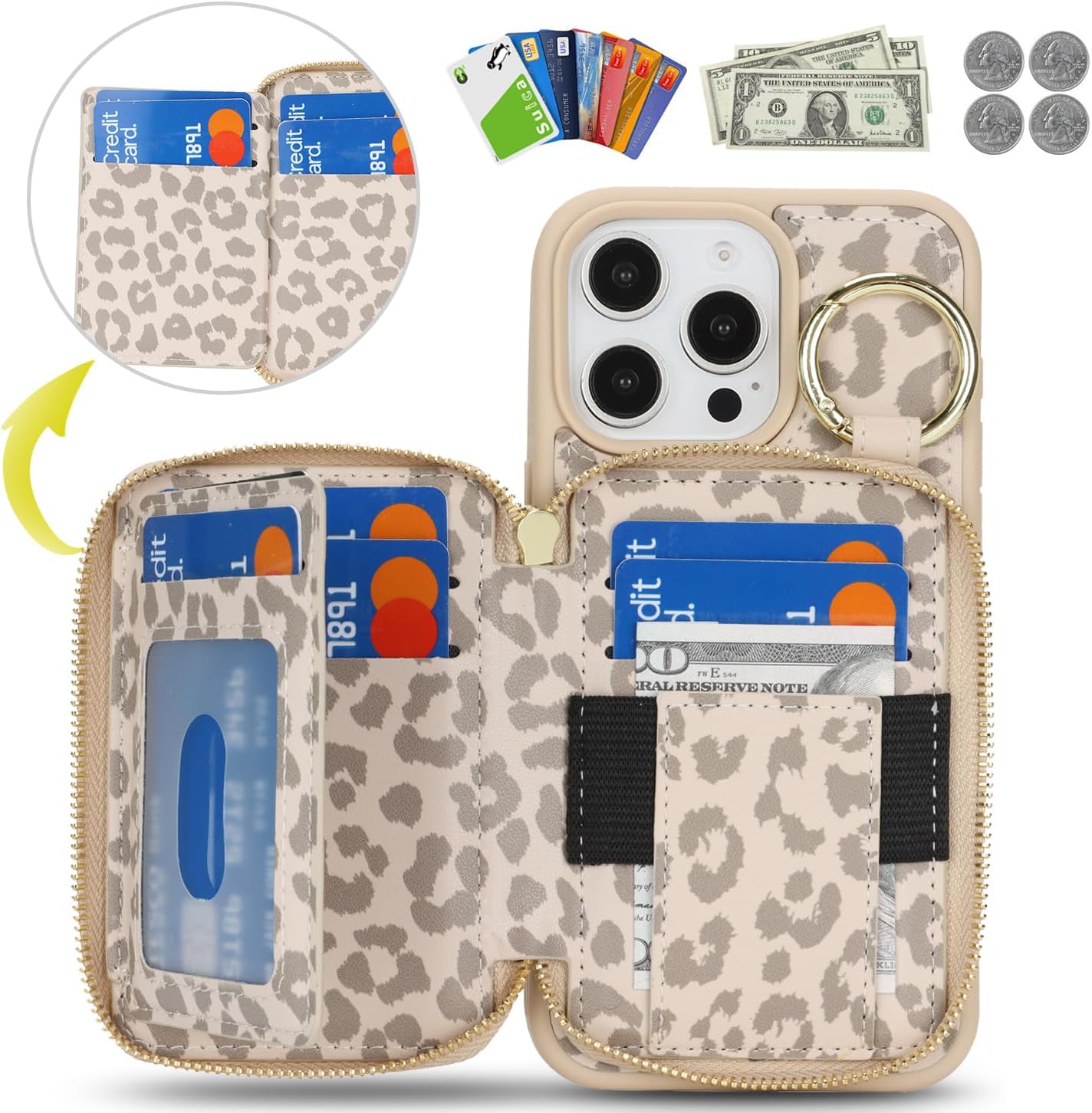 for iPhone 16 Pro Max Case Wallet with Card Holder,for iPhone 16 Pro Max Phone case Wallet with Zipper with Slot Kickstand Stand Case for Women and Man 5G 6.9 Inch-Off-White Leopard