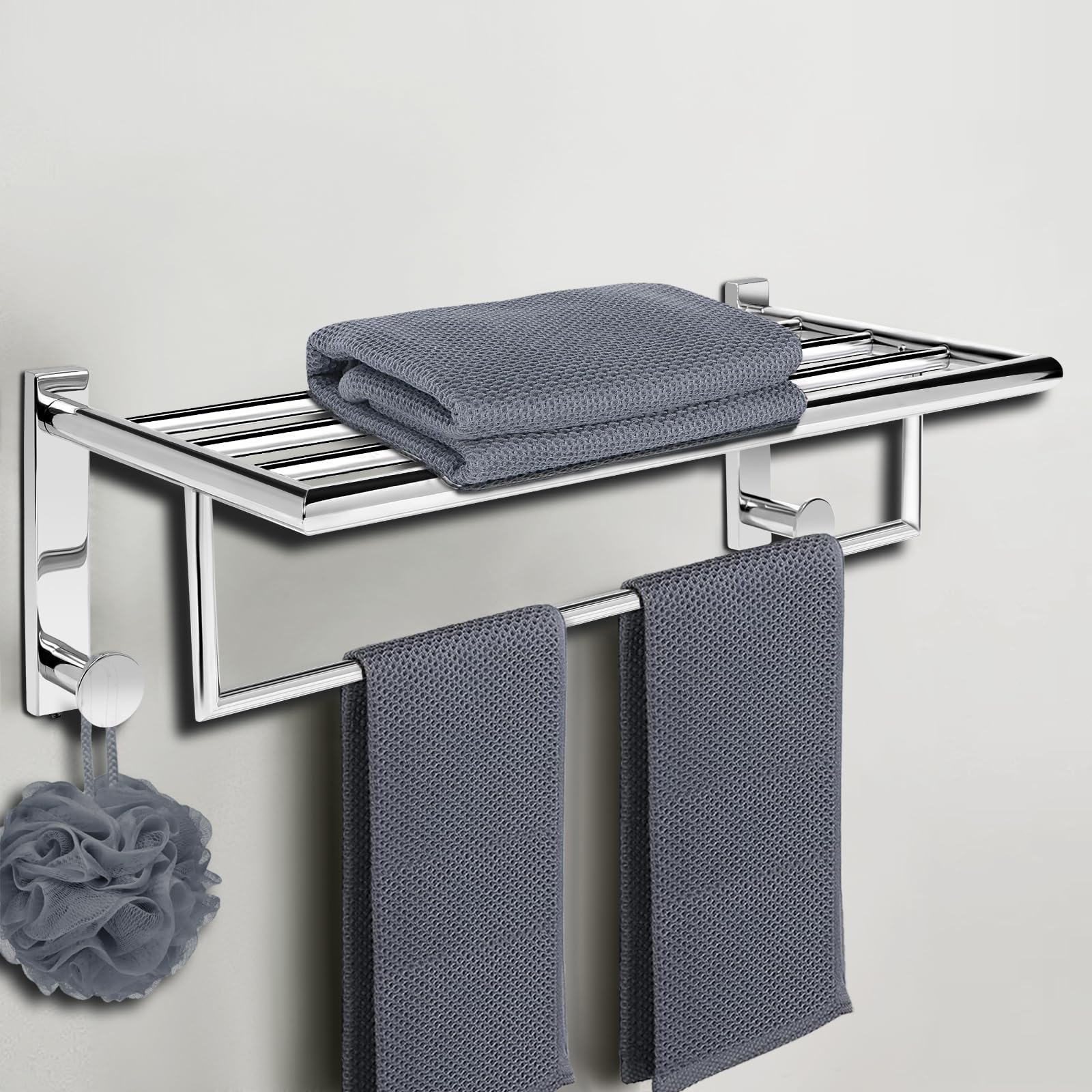 QL Portasciugamani Bagno da Parete,Mensola Porta Asciugamani con 2 Ganci,Acciaio Inossidabile 50cm,Argento