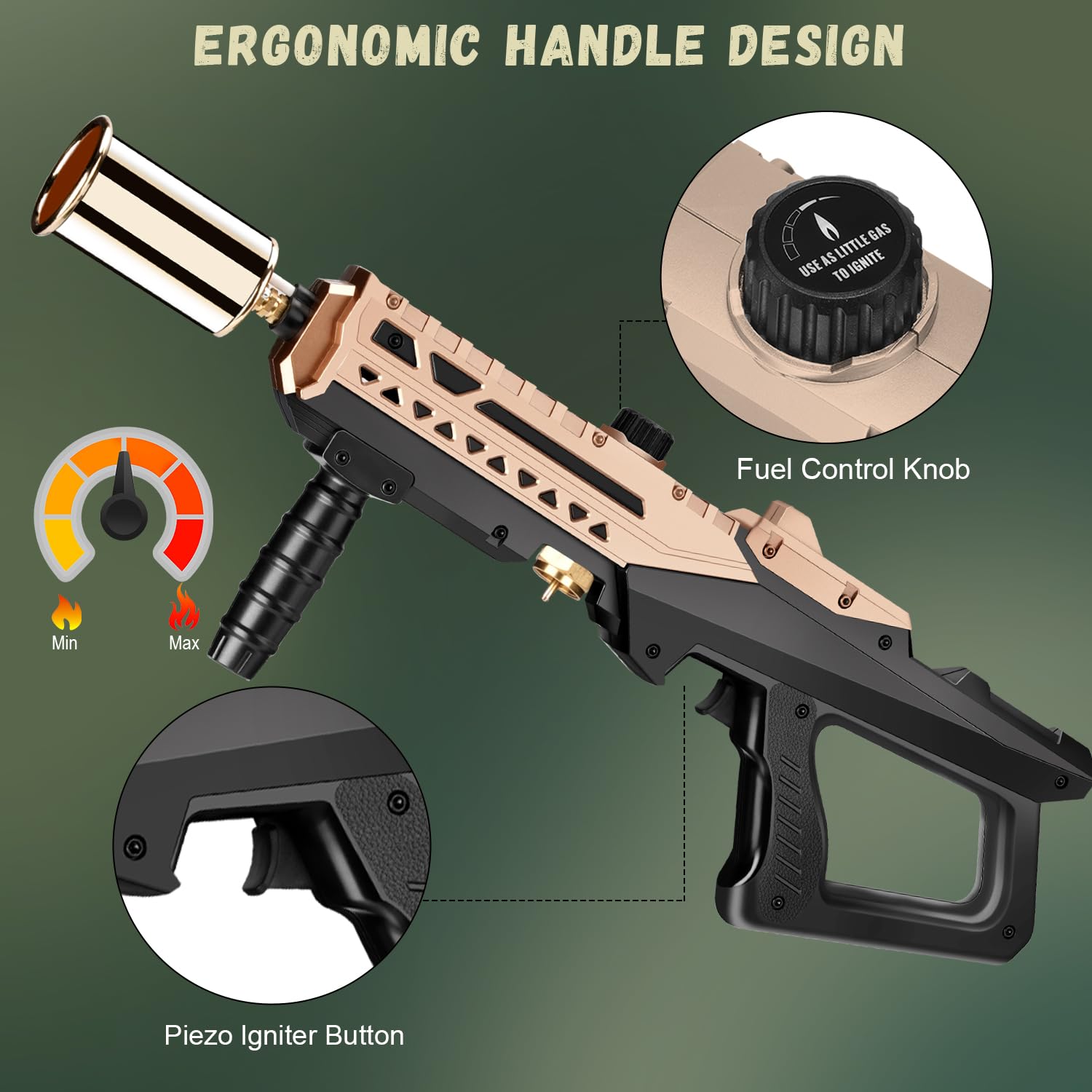 Potente pistola de propano, antorcha de cocina con llama ajustable, soplete de soplete para barbacoa, fogata, filete abrasador, camping (tanque de propano no incluido) (dorado)