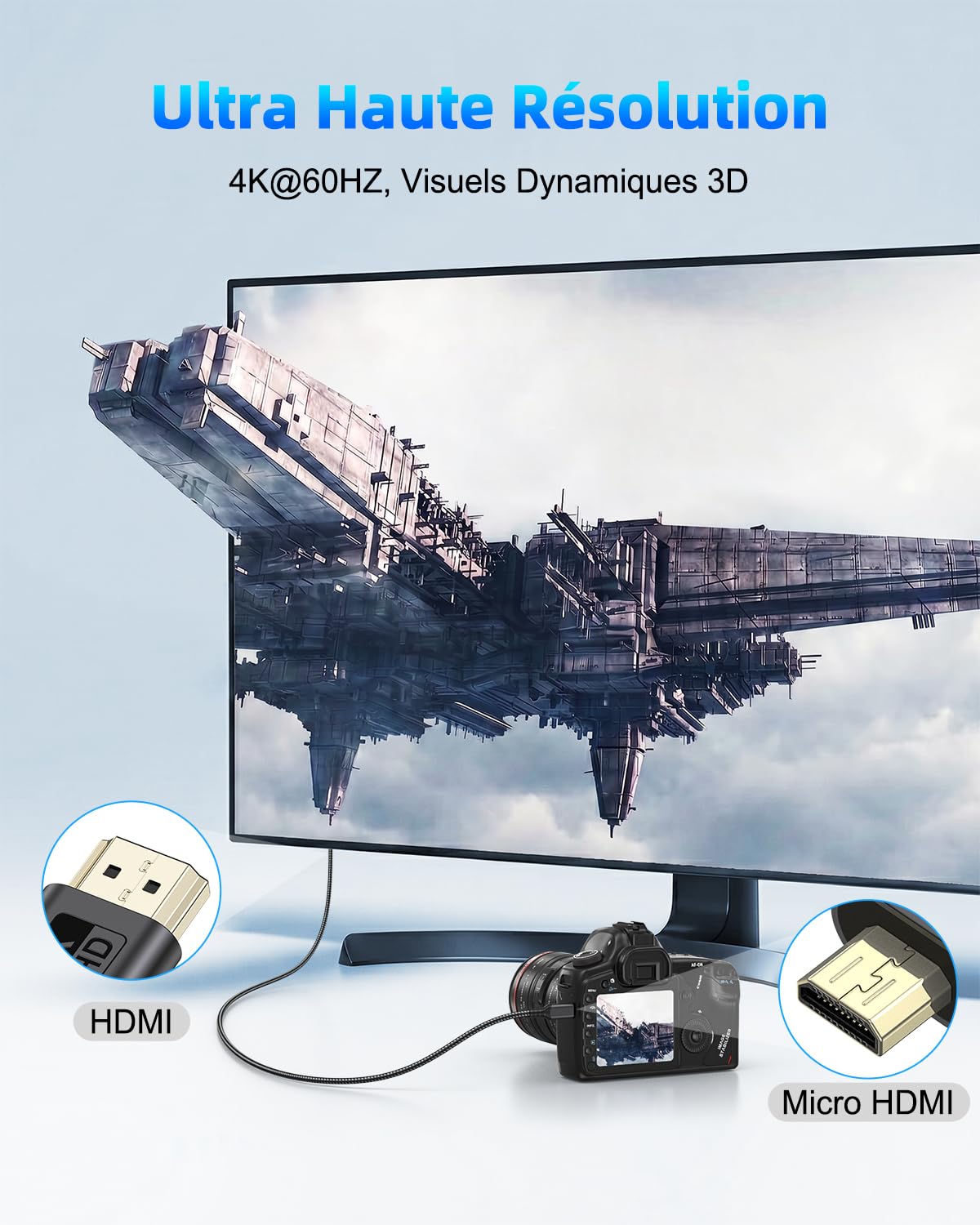 Câble Micro HDMI vers HDMI, 0.3m pour Streaming et Gaming, Câble Micro HDMI 2.0 avec 4K@60Hz, HDR, ARC et Dolby 3D Full HD, pour Moniteur, Caméras et Raspberry Pi 5/4