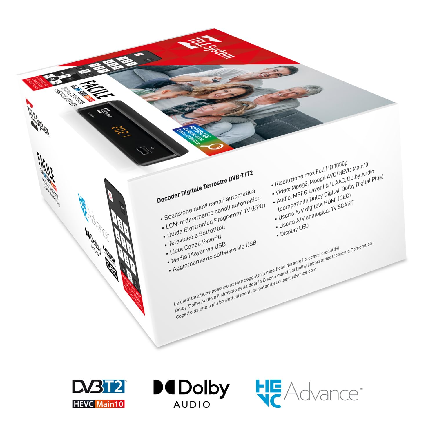 TELE System Decoder Digitale Terrestre FACILE - Tuner DVB-T2 HEVC a 10 bit, Lettore Multimediale USB, Facile Collegamento HDMI e SCART - Autoscan e LCN per Ordinare Canali in Modo Autonomo
