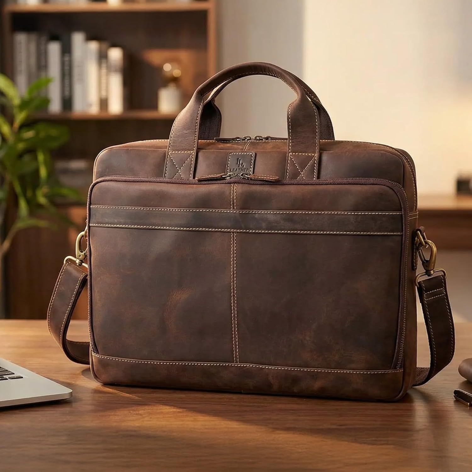 Full Grain Leather Messenger Bag for Men, 16” Briefcase Laptop Satchel Vintage Professional Office Work & Travel Bag