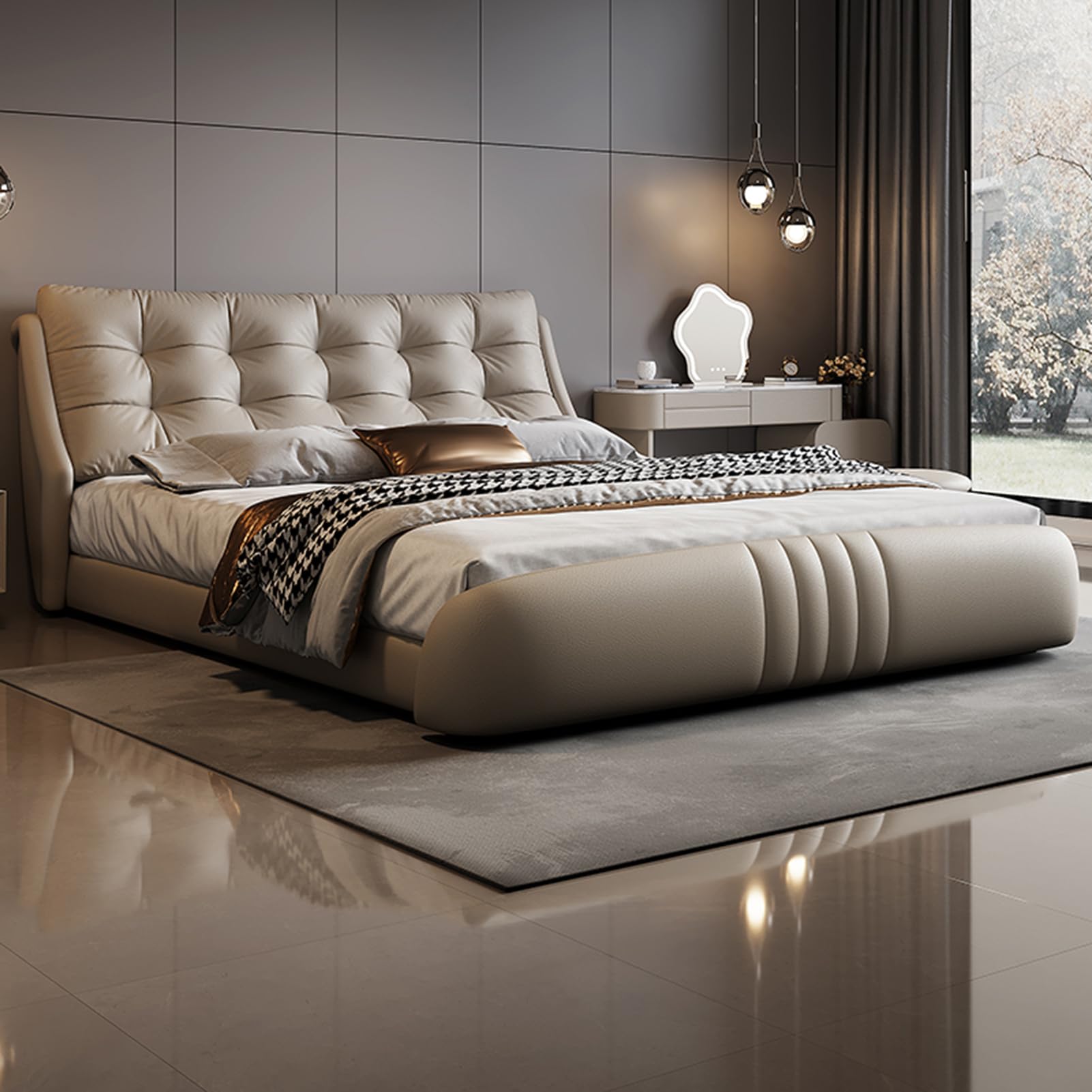 King Size Genuine Leather Wood Bed Upholstered Platform Bed Frame with Wingback Headboard and Lift Up Storage Wooden