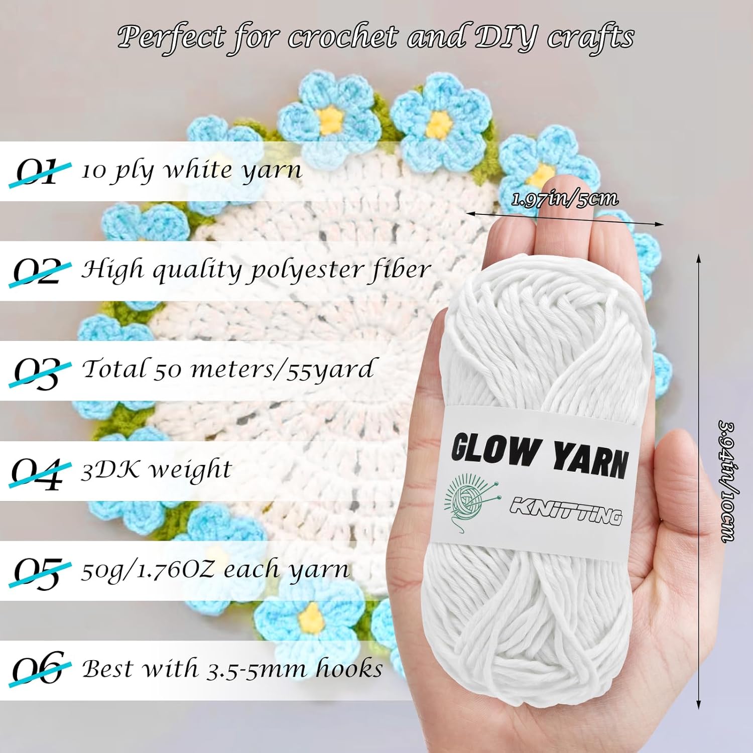 Glow in The Dark Yarn, 10 Pack White Yarn for Crocheting(500g/18oz | 550 Yards), Crochet Kit for Beginners, Crocheting, DIY Art, Crafts Sewing Beginners - Christmas Halloween Decorations (White)