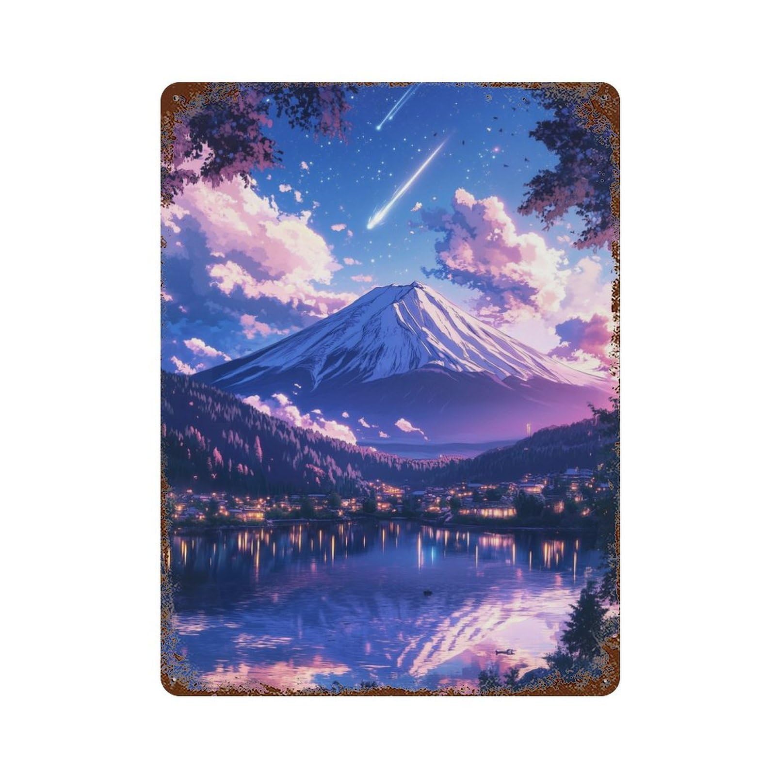 Rust Effect Fuji Mountain Stars Scene Rusty Metal Tin Sign 15.7"x11.8", Old School Wall Decor for Pub, Kitchen And Man Cave Decor